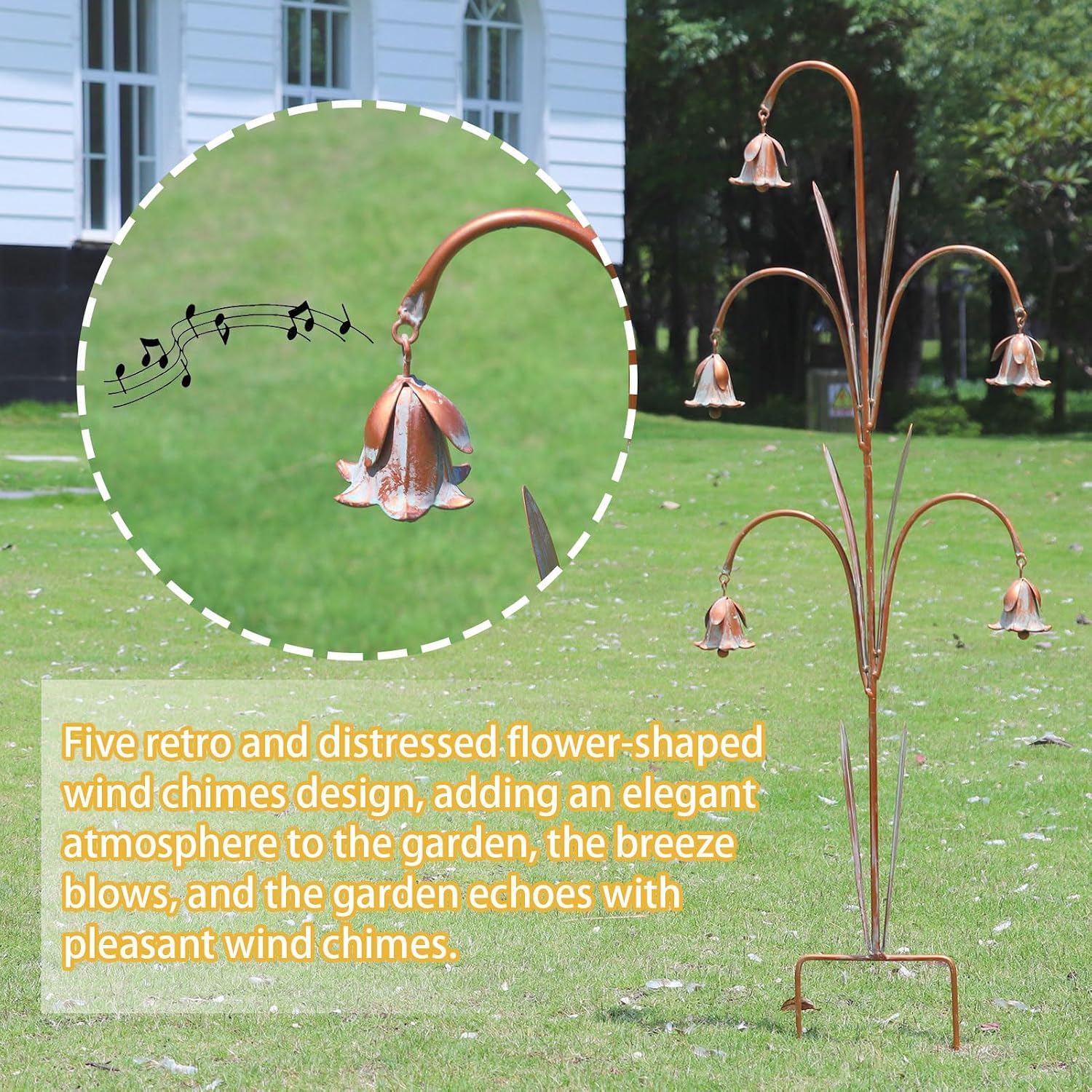 Metal Flowers with Bells for Outside Garden art, Decorative Garden Stakes | 41" H Outdoor Decoration for Patio Garden