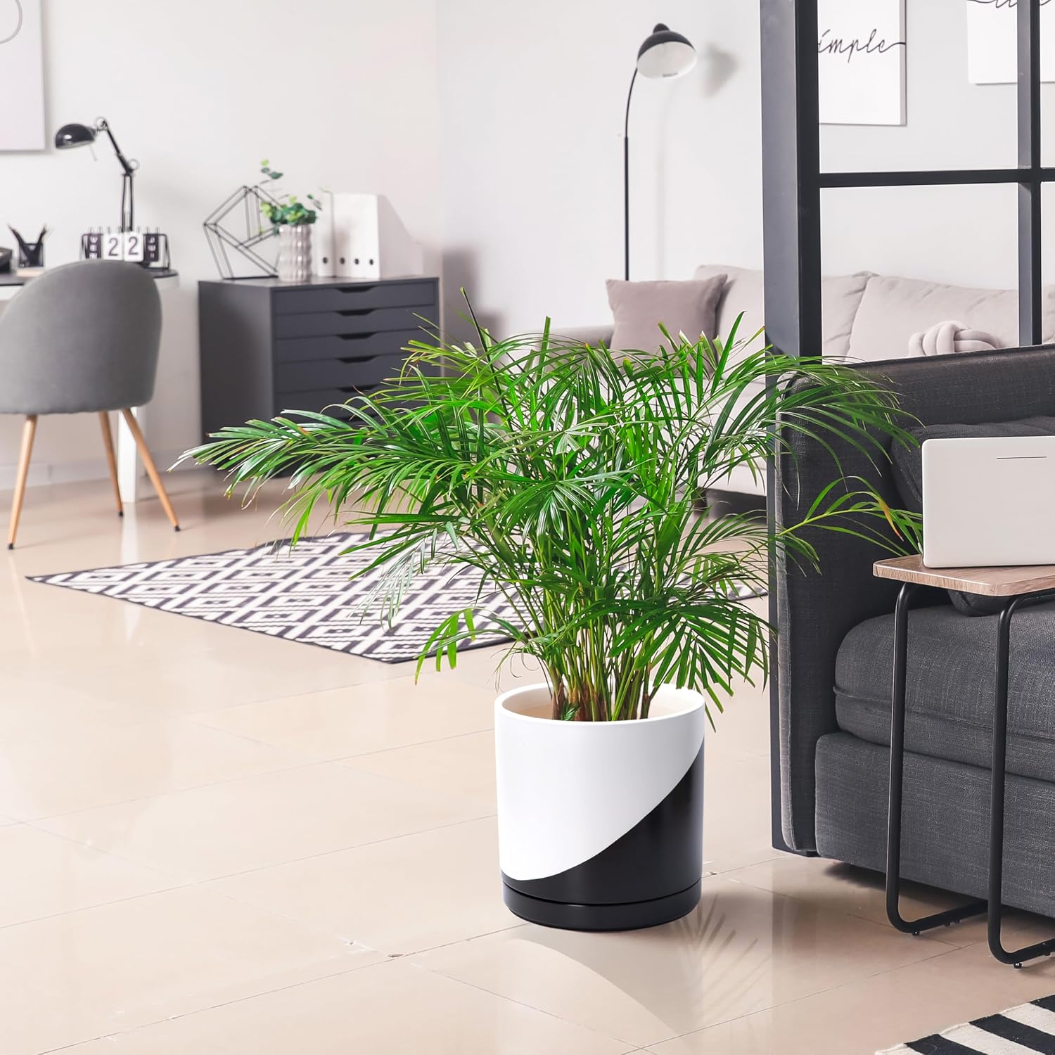 D'vine Dev 12 Inch Ceramic Planter Pot, Black White Diagonal, 94-O-F-K | Modern Cylinder Design, Drainage Hole & Saucer