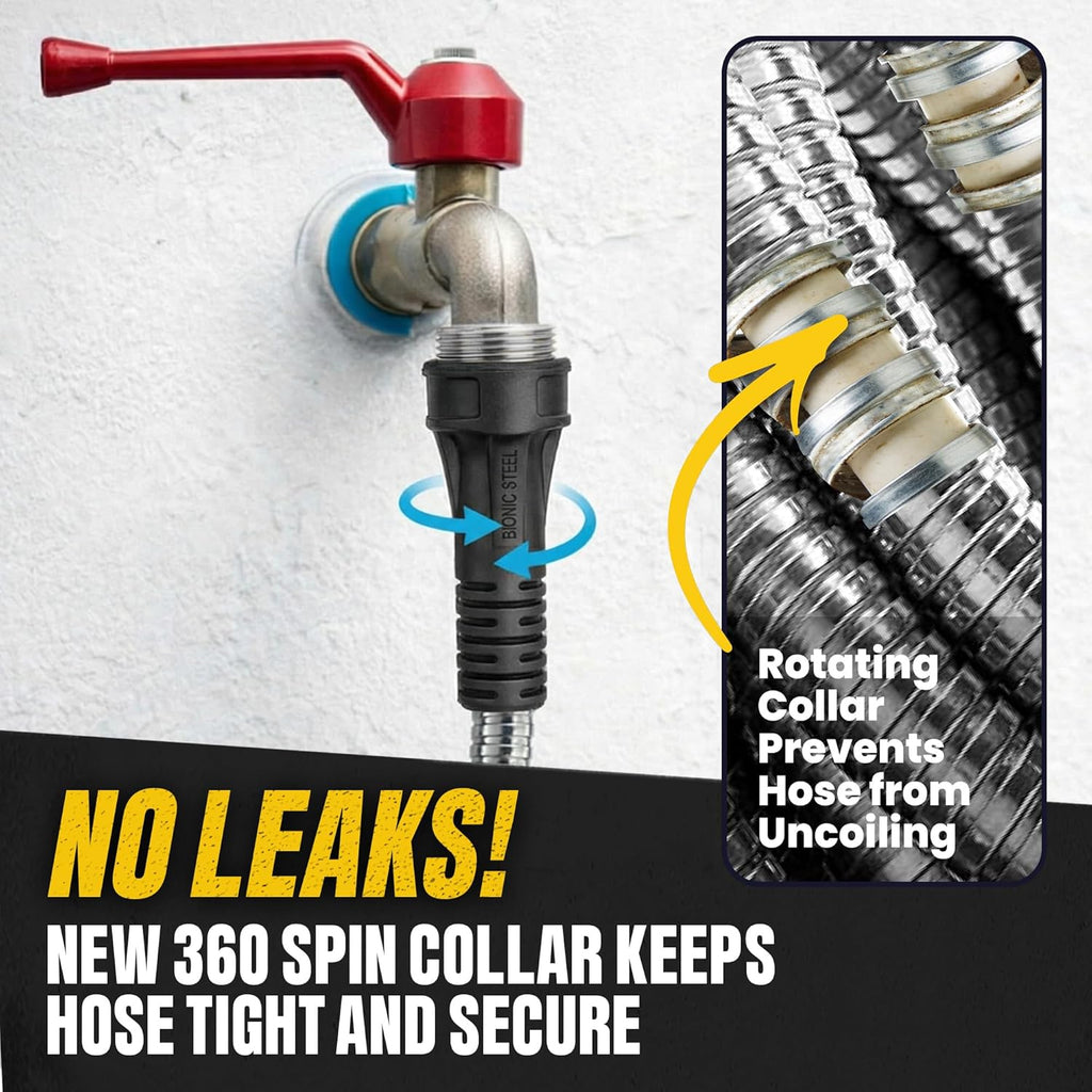 BIONIC STEEL 50 Ft Metal Garden Hose with Sprayer Nozzle | Non Kinking Design, Stainless Steel Heavy Duty Water Hose