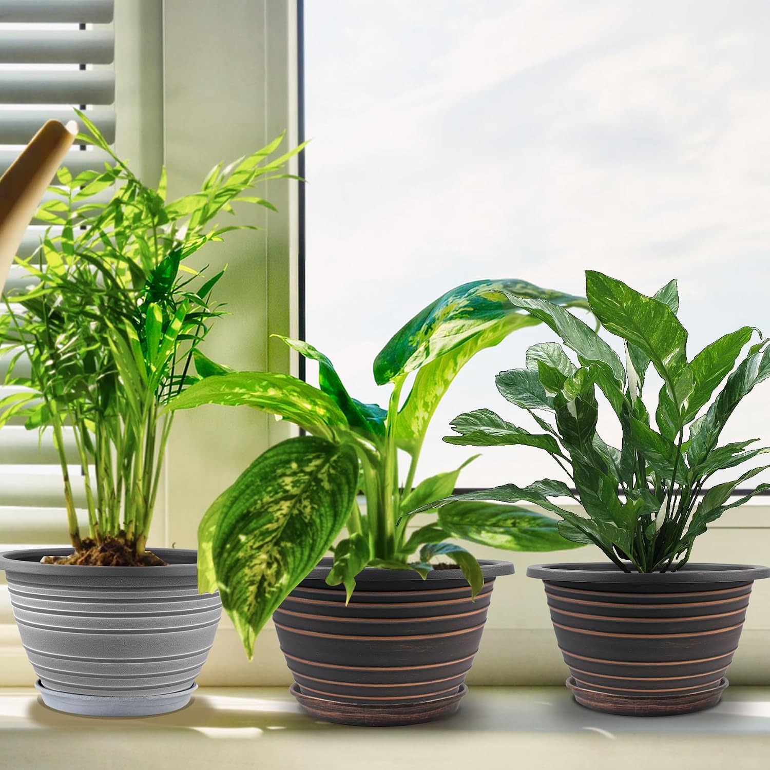 KPUVX 3 Pack 12 Inch Pots for Plants,Plastic Flower Pots Outdoor Indoor | Large Plant Pots with Drainage &