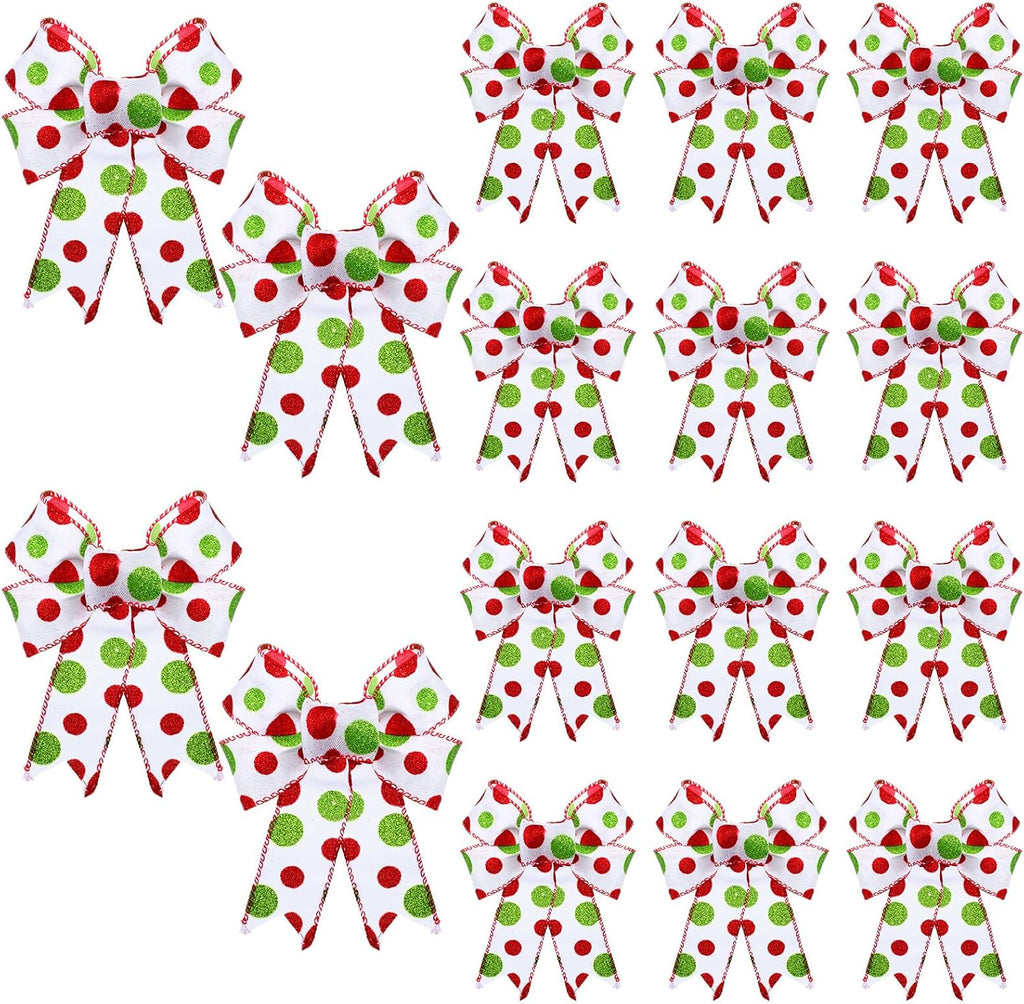 Lyrow 16 Pcs Large Christmas Bows Polka Dot Christmas Tree Bow, White Green