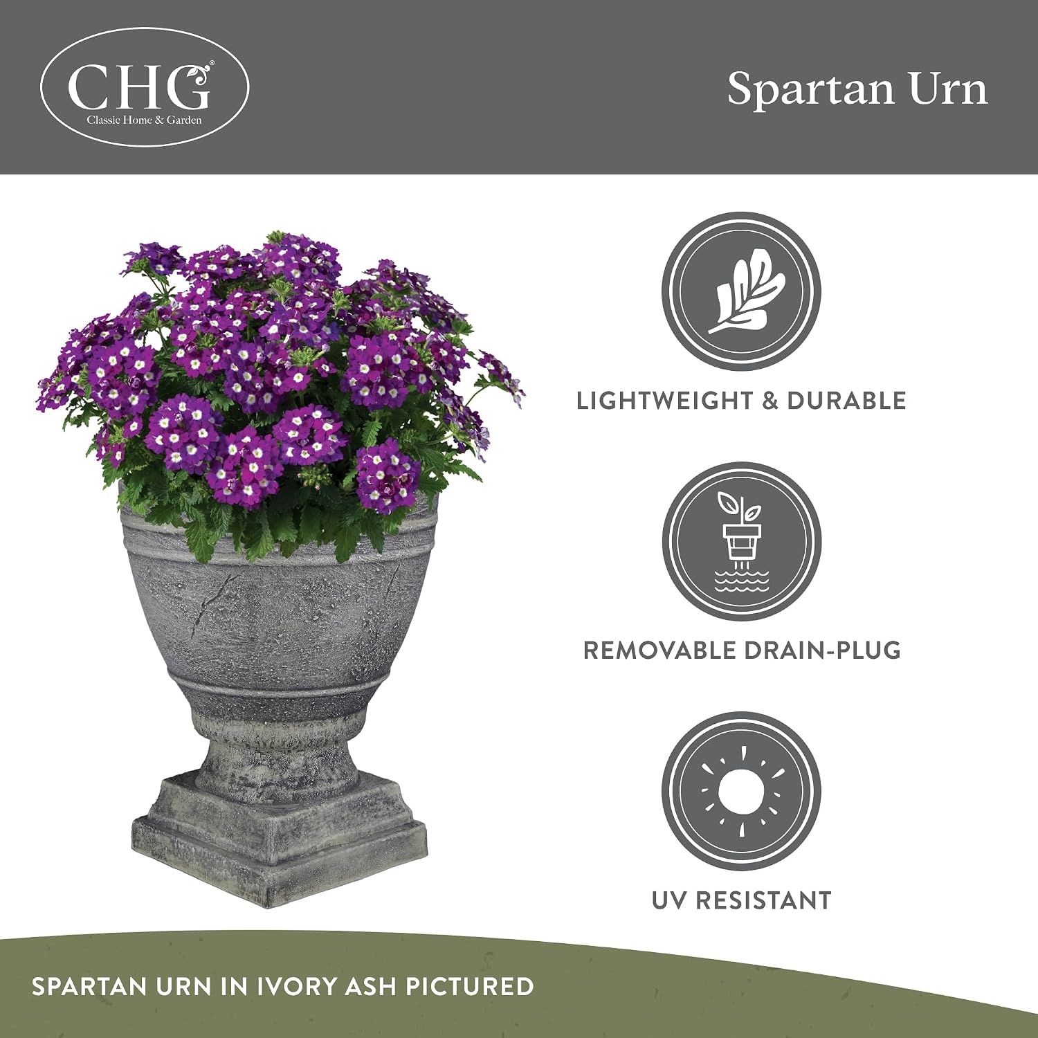 GROWSCAPE Spartan Urn Planter - Timeless Plant Urn for Floral Displays - Durable Indoor & Outdoor Plastic Garden