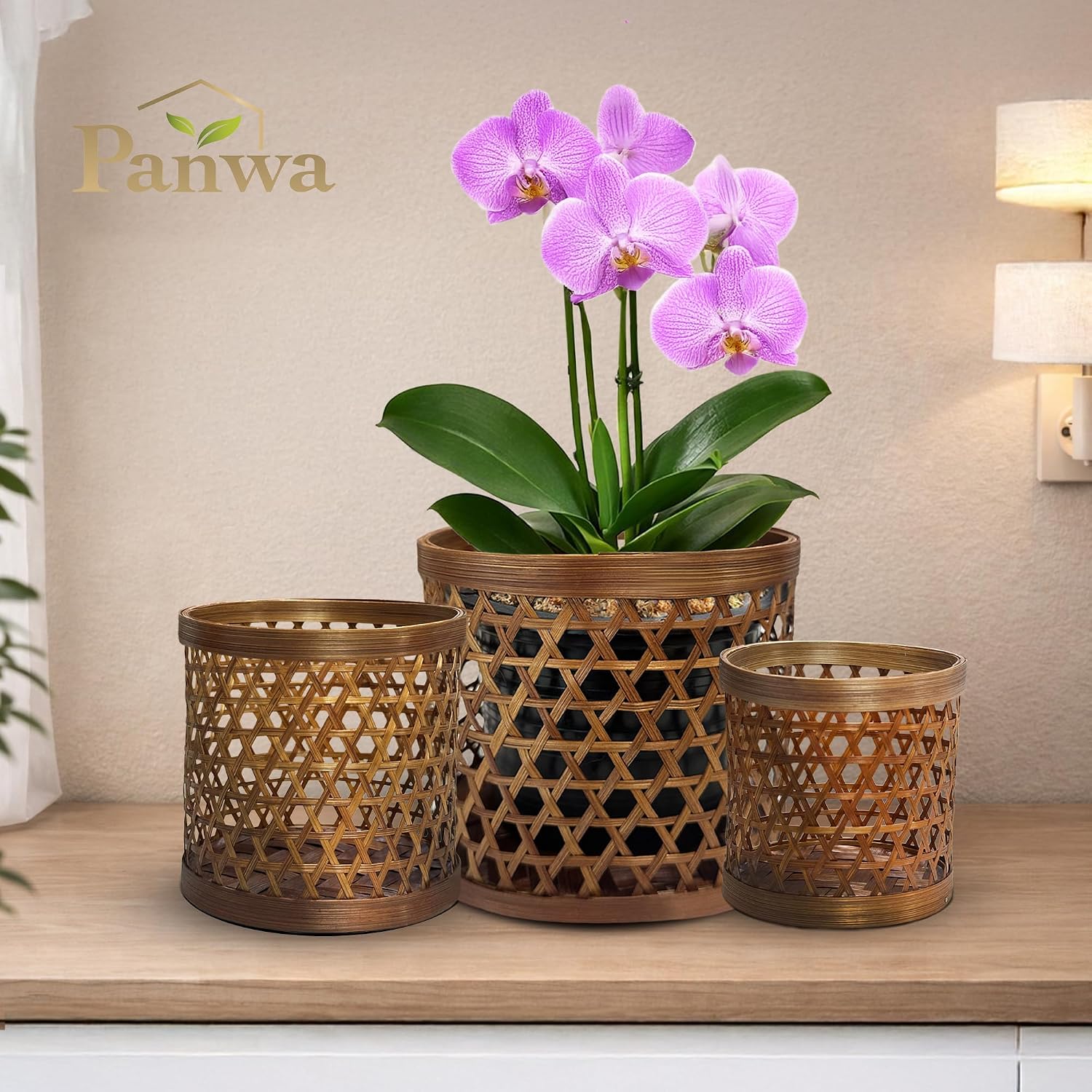 Handcrafted Bamboo Tabletop Decorative Plant Pot Covers - Multi Set of 3 – for Indoor Plants, Orchids, Succulents –