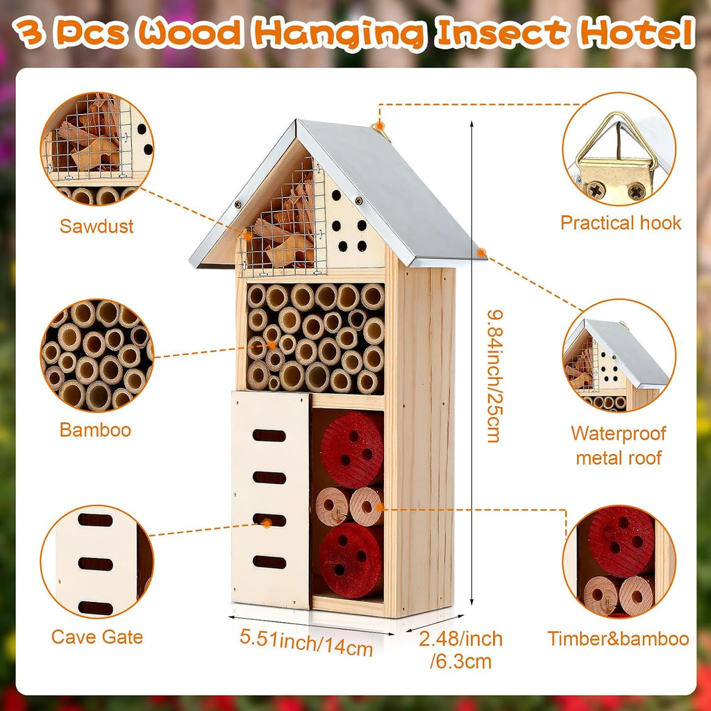 Maitys 3 Pcs Wooden Mason Insect Bee Hotel Butterfly House Natural Ladybug House Bug Hotel for Garden Outdoor Butterfly
