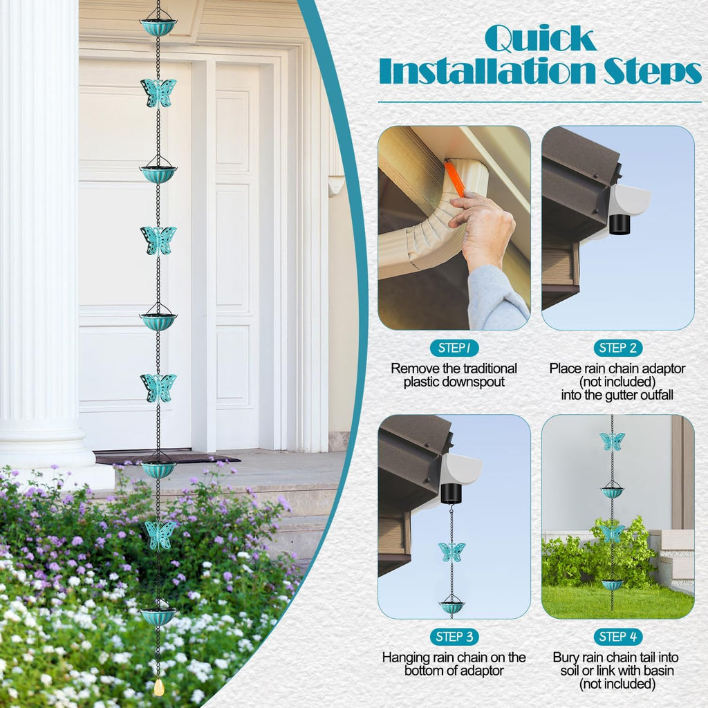 8.5 FT Butterfly Rain Chain with 12 Cups for Gutters Downspouts Outside | Metal Material, Large Opening to Avoid