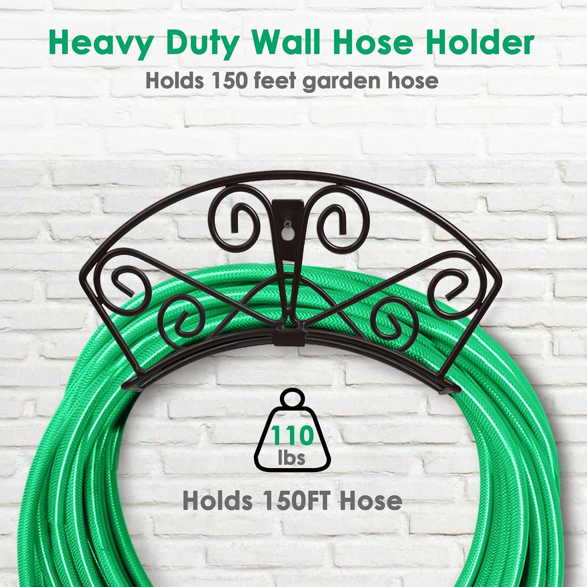 TomCare Garden Hose Holder, Heavy Duty 150 ft Capacity Hose Hanger | 7 mm Solid Metal Rod, One-Piece Welded Decorative