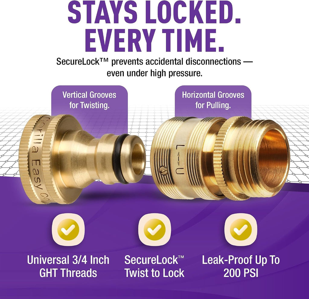 Locking Garden Hose Quick Connect Fittings. 3/4 Inch GHT Solid Brass Leak Proof to 200 PSI Heavy Duty