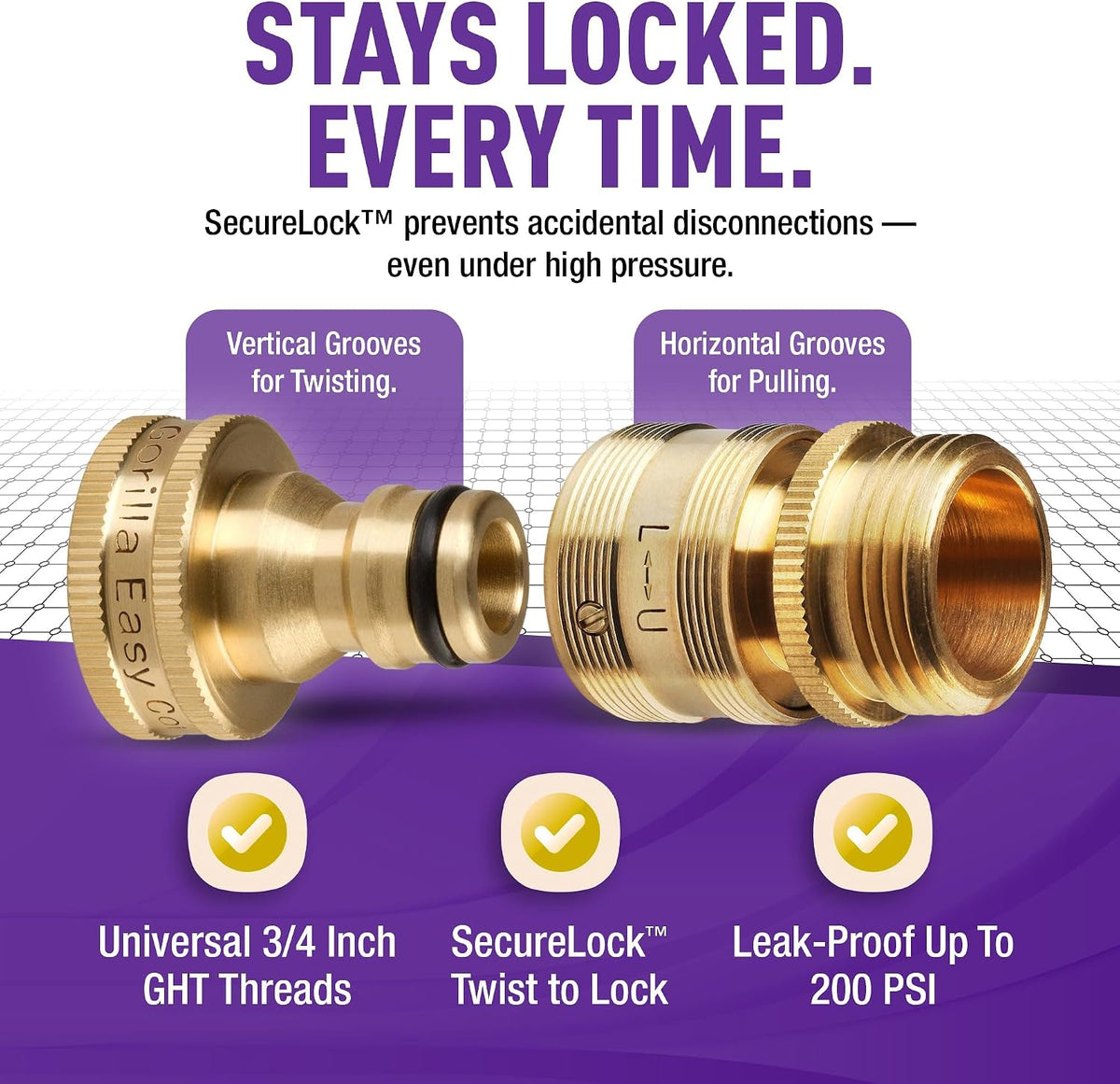 Locking Garden Hose Quick Connect Fittings. 3/4 Inch GHT Solid Brass Leak Proof to 200 PSI Heavy Duty