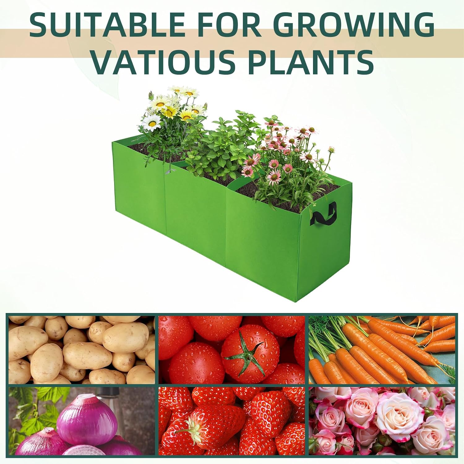 2 Pack Plant Grow Bags, 3 Divided Grids Fabric Raised Planting Bed Rectangle Raised Vegetable Planter Garden Planting