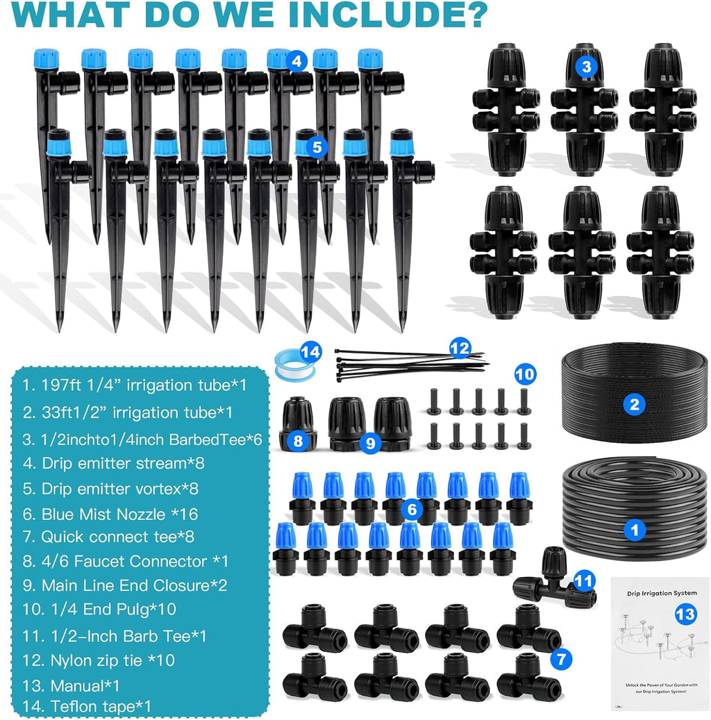 Garden Drip Irrigation System - 230FT Quick-Connect Automatic Watering Misting System Kit with 1/2" & 1/4" Tubing