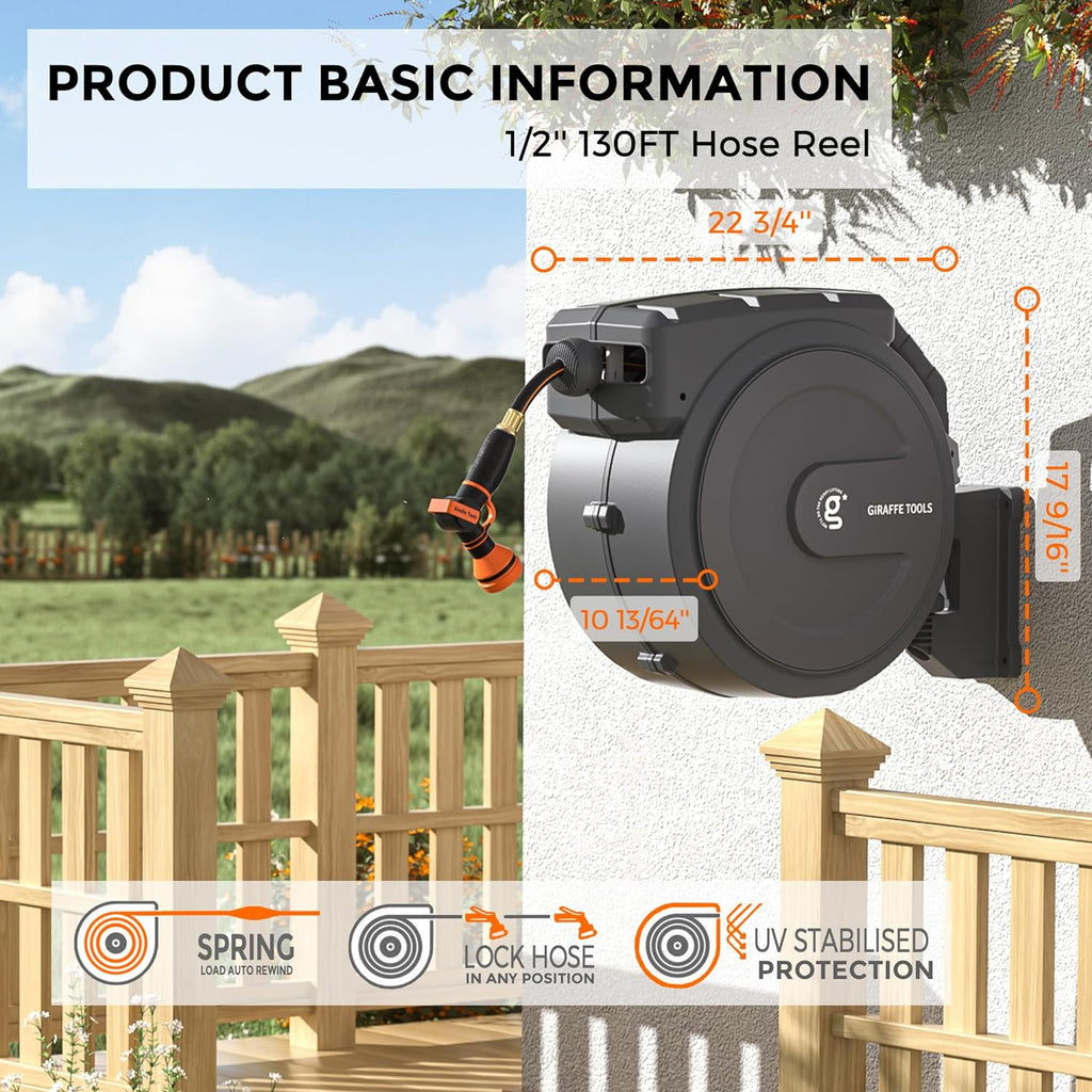 Giraffe Tools Retractable Garden Hose Reel 1/2"130FT Wall Mount Auto Rewind | Any Length Lock,Auto Rewind System,180°