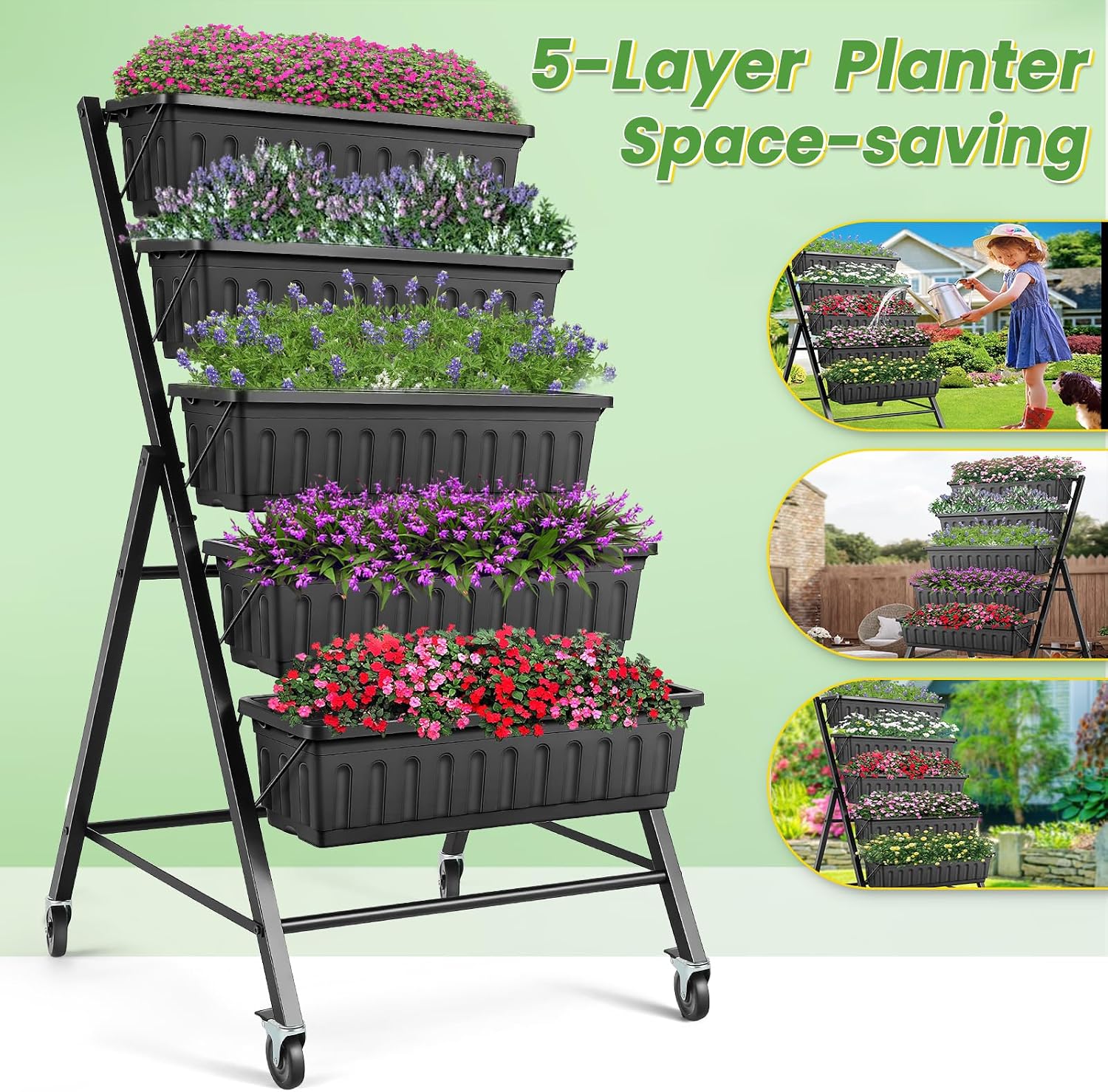 TEANDE Vertical Raised Garden Bed with Lockable Wheels, 5-Tier Elevated Planter Box w/Drainage System & 4 Hooks for