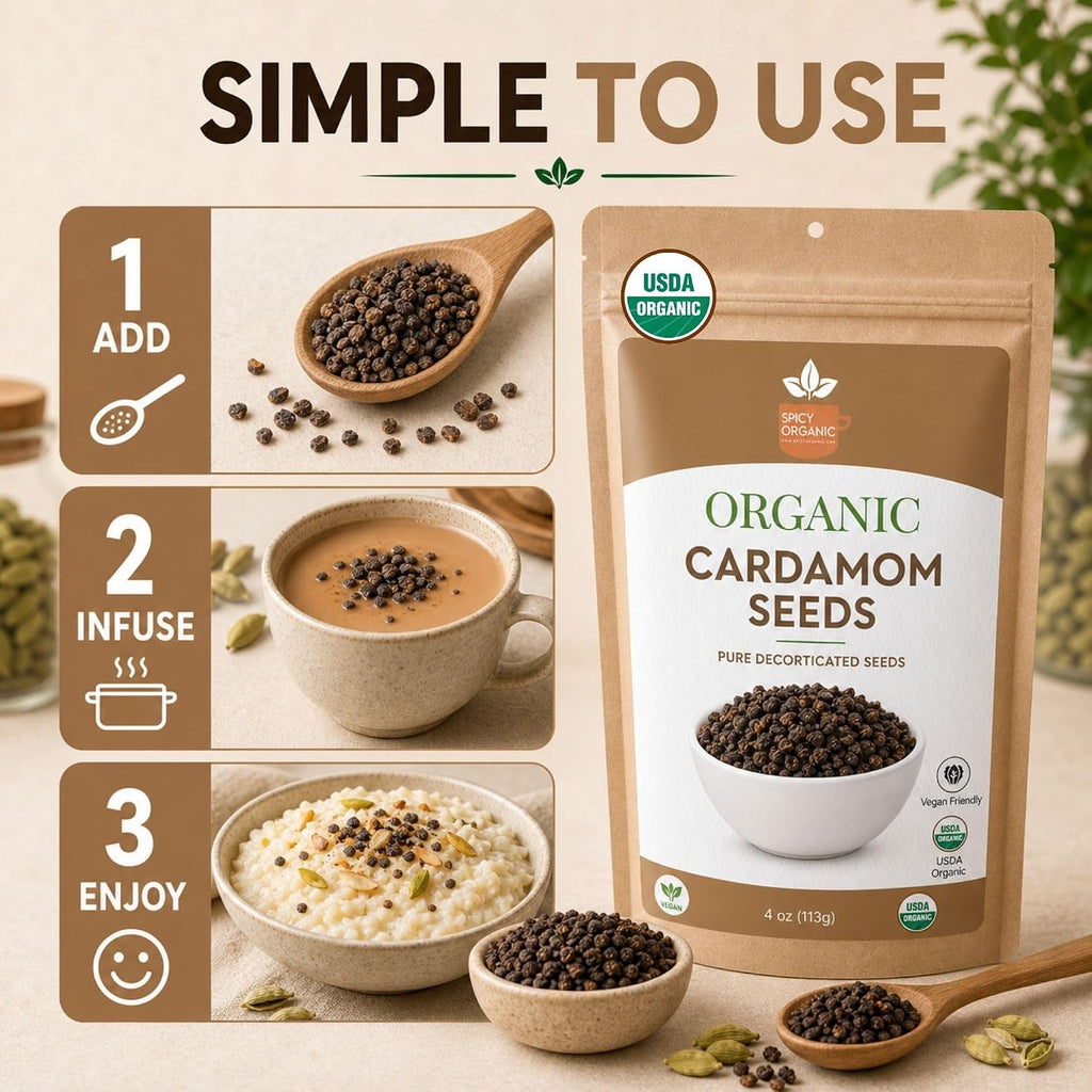 SPICY ORGANIC Premium Decorticated Organic Cardamom Seeds – 100% USDA Organic - Perfect for enhancing the taste of a