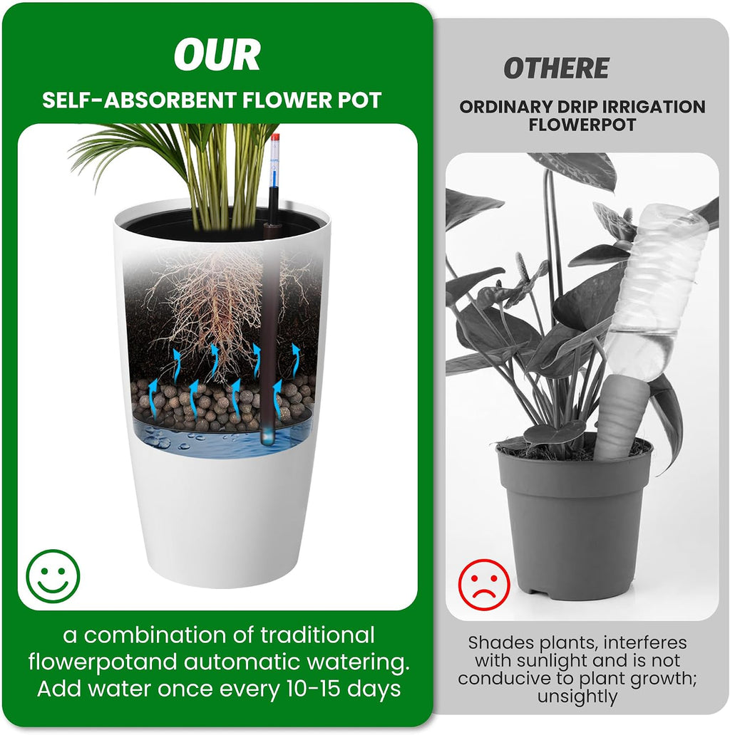 22" Tall Planter Set of 2, Self Watering Pots, Large Planter for Outdoor | Built-in Drainage and a Water Level Monitor