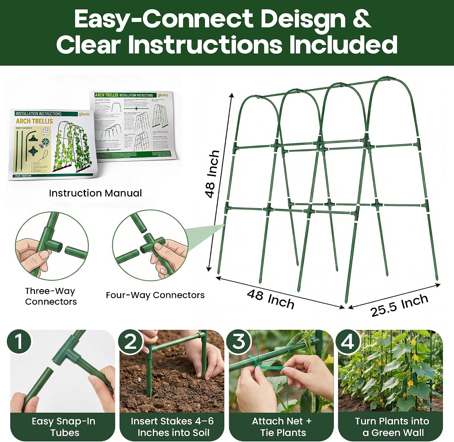 48x48 Cucumber Trellis for Raised Bed - U Shape Vegetable Garden Trellis for Climbing Plants Outdoor - Support for