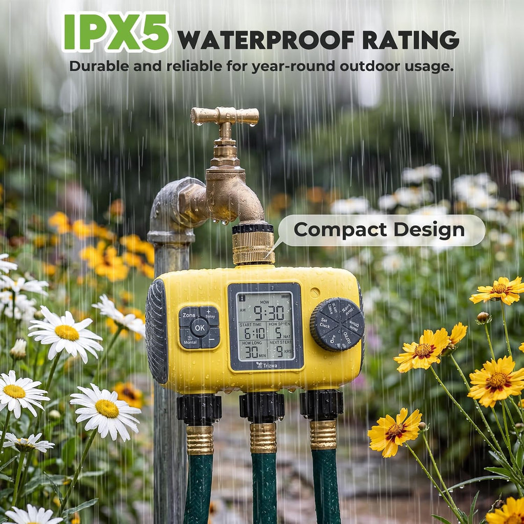 3 Zone Sprinkler Timer for Garden Hose, Brass Inlet Yard Irrigation | Programmable Auto & Manual Water Timer with LCD
