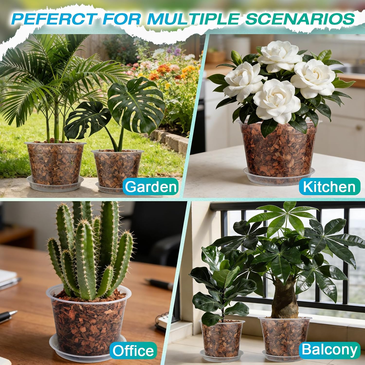 8/10/12 Inch Clear Nursery Pots with Drainage and Sacuers, 15 Pack Plastic Pots for Plants Indoor Outdoor, Variety