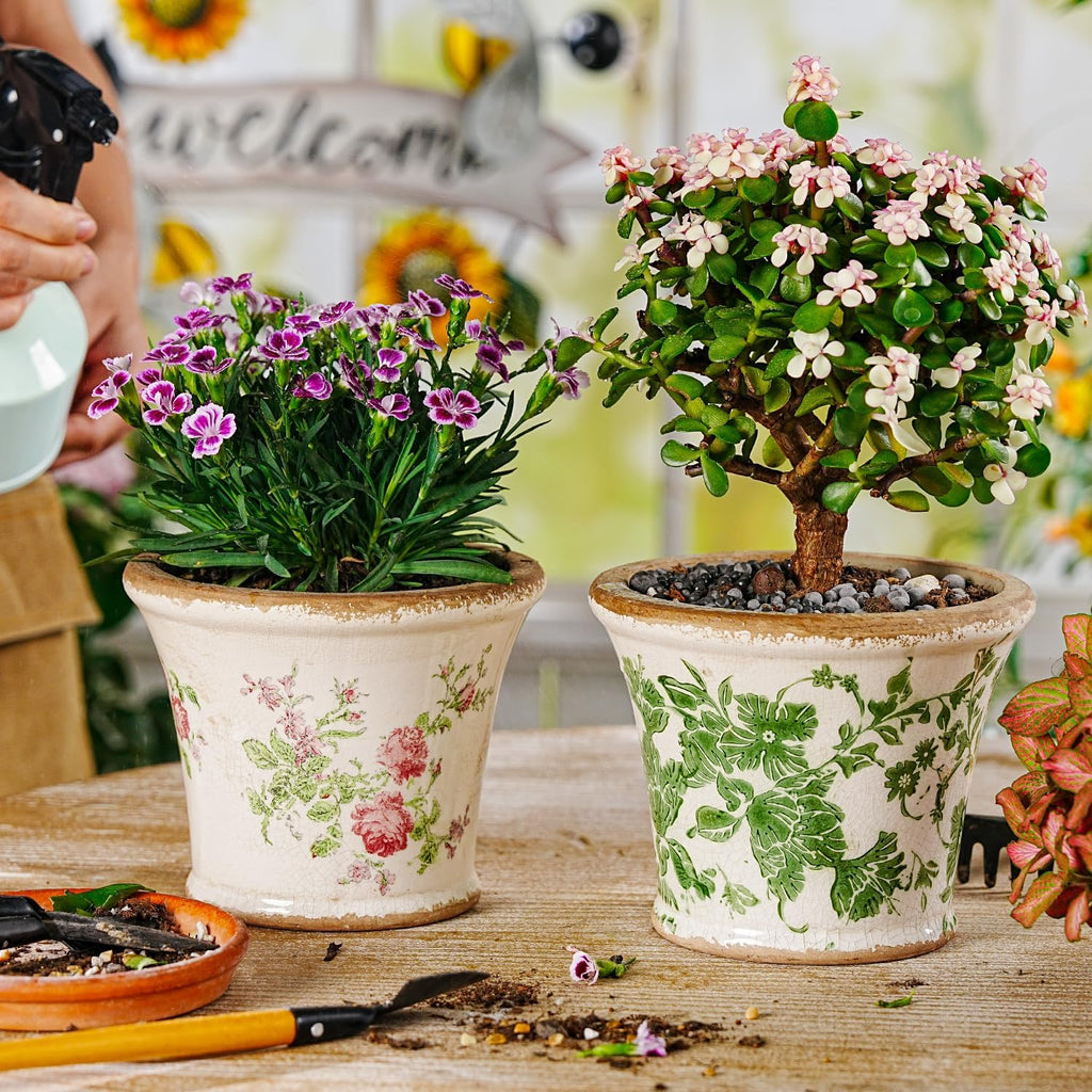Sungmor Ceramic Flower Pots - 2 Pack, Crackle Glaze & Floral Prints Design | Rustic Farmhouse Planters with Drainage