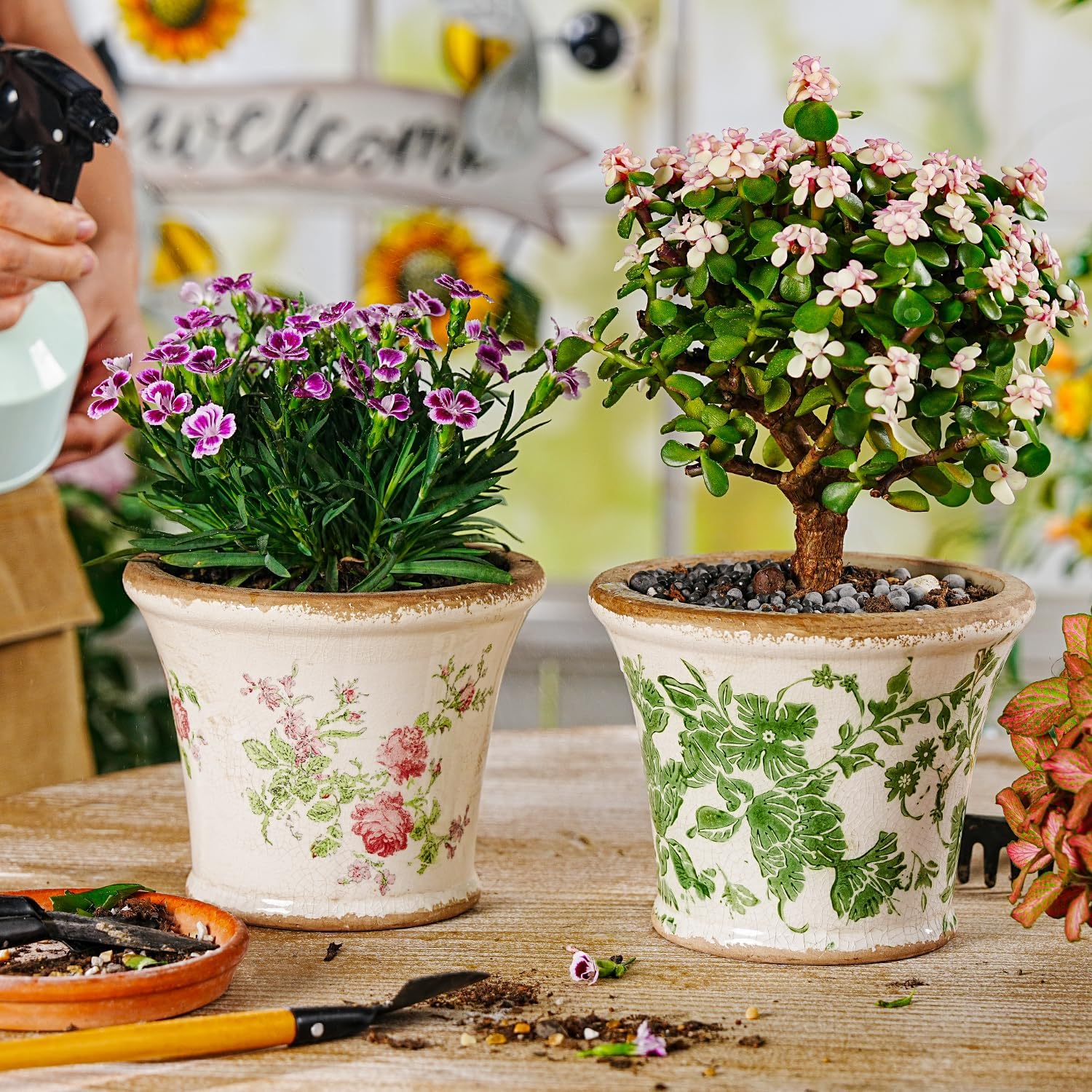 Sungmor Ceramic Flower Pots - 2 Pack, Crackle Glaze & Floral Prints Design | Rustic Farmhouse Planters with Drainage