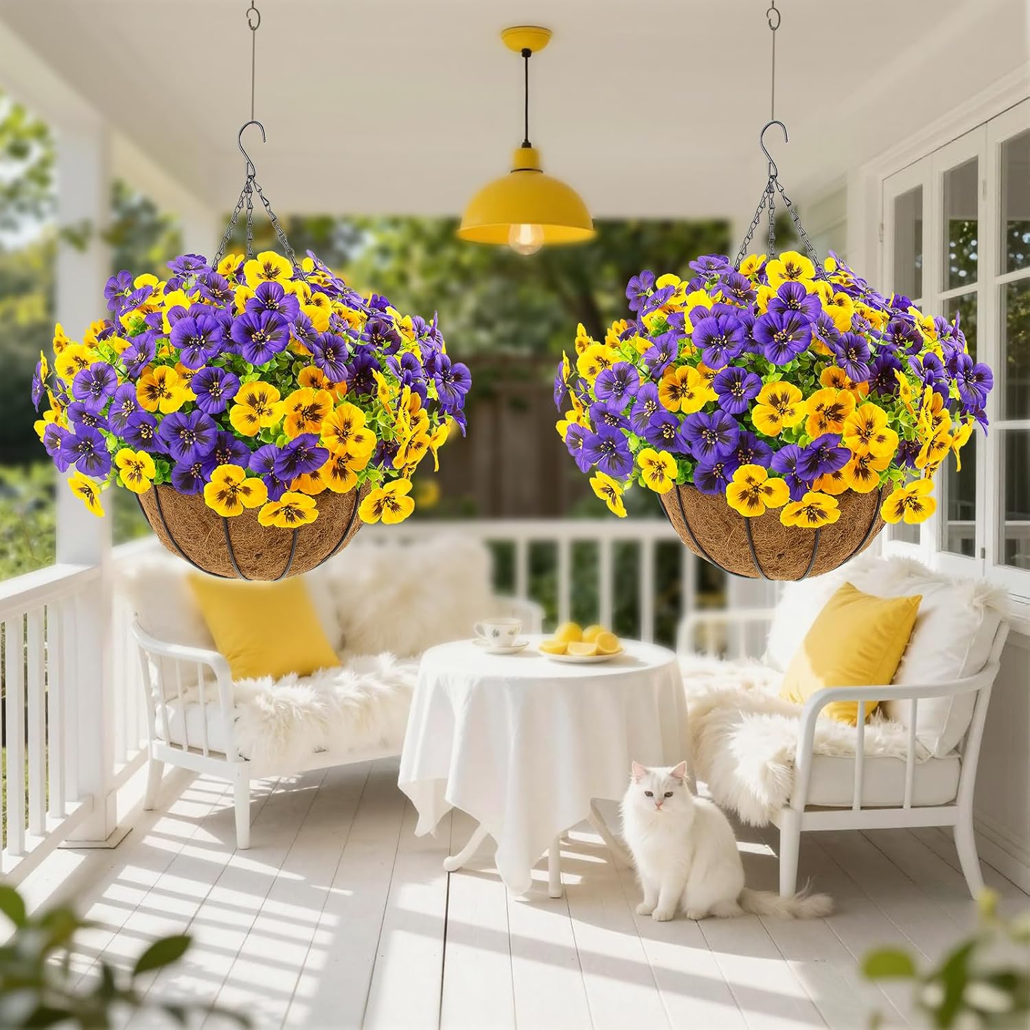 lovemoon 2 Sets Artificial Hanging Flowers with Baskets, 24 Pcs UV Resistant Faux Silk Pansies Outdoor Flower Pots for