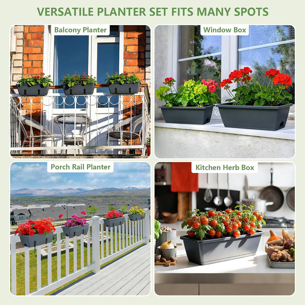 OYEAL Deck Railing Planter Boxes 4 Pack Hanging Window Flower Boxes Outdoor | Railing Planter with Adjustable Brackets