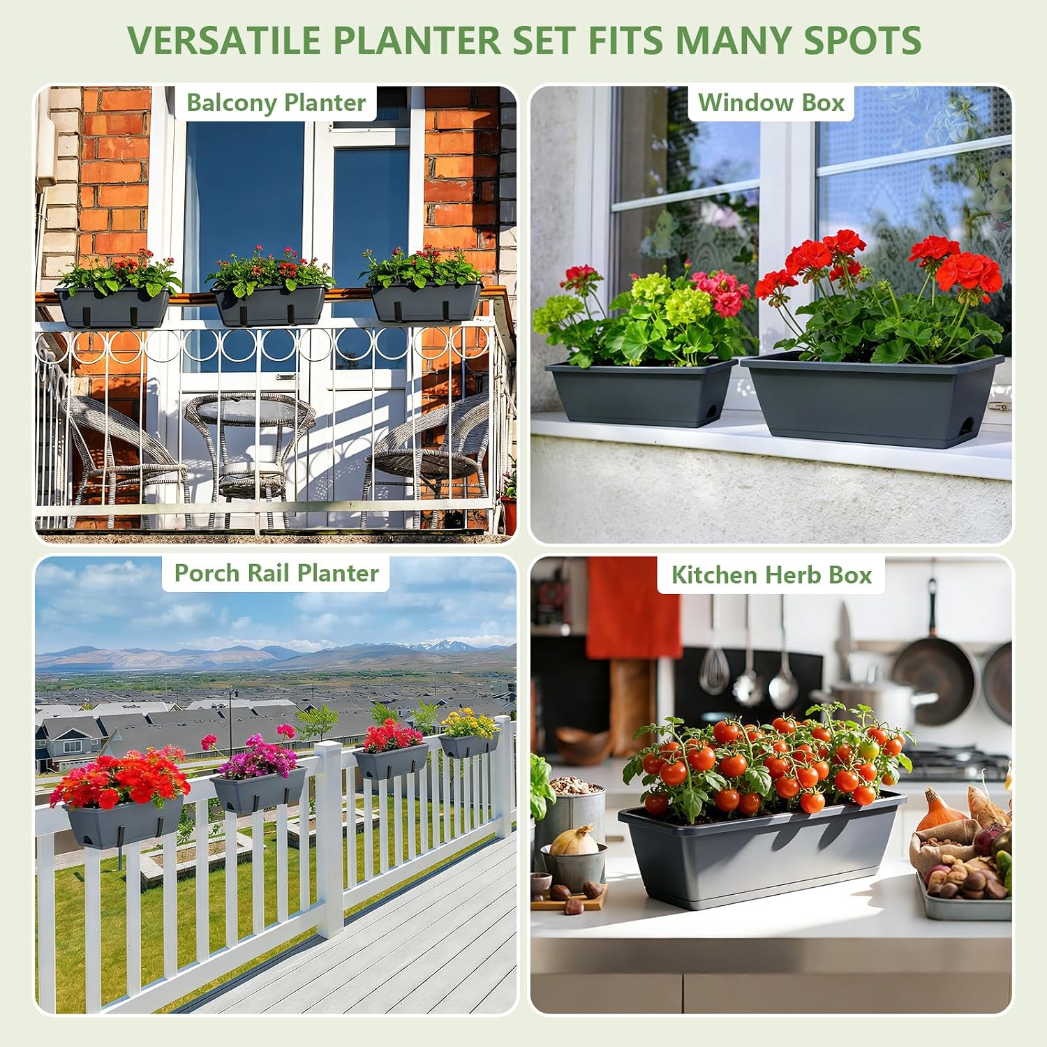 OYEAL Deck Railing Planter Boxes 4 Pack Hanging Window Flower Boxes Outdoor | Railing Planter with Adjustable Brackets
