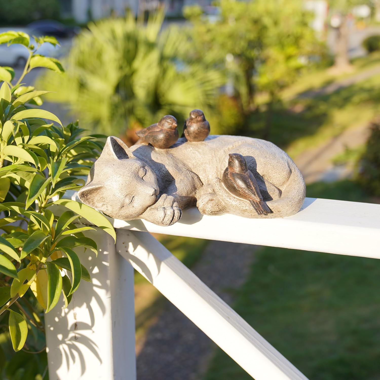 Sleeping Cat Garden Statues Outdoor - 12" Sparrows On Cat Figurine Memorial Statue Grave Markers Garden Resin Statues