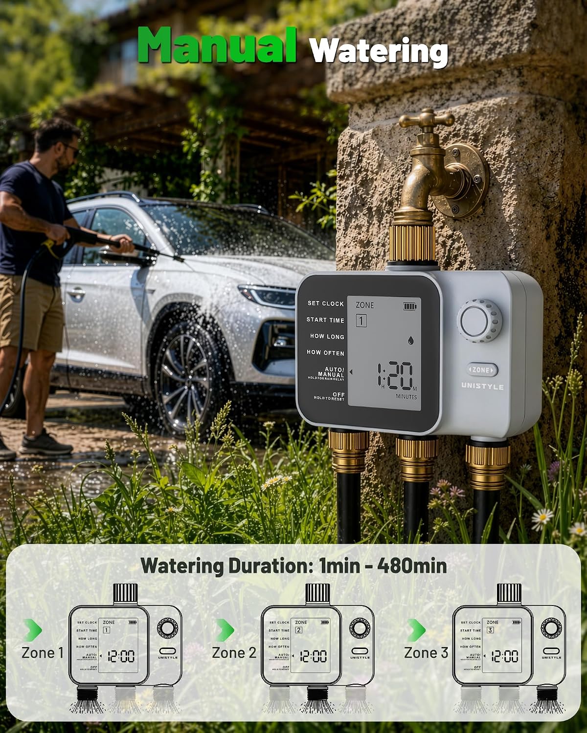 [All-New 2027] 3 Zone Sprinkler Timer with Brass Inlet, Unistyle Water Timer for Garden Hose with Rain Delay/Manual