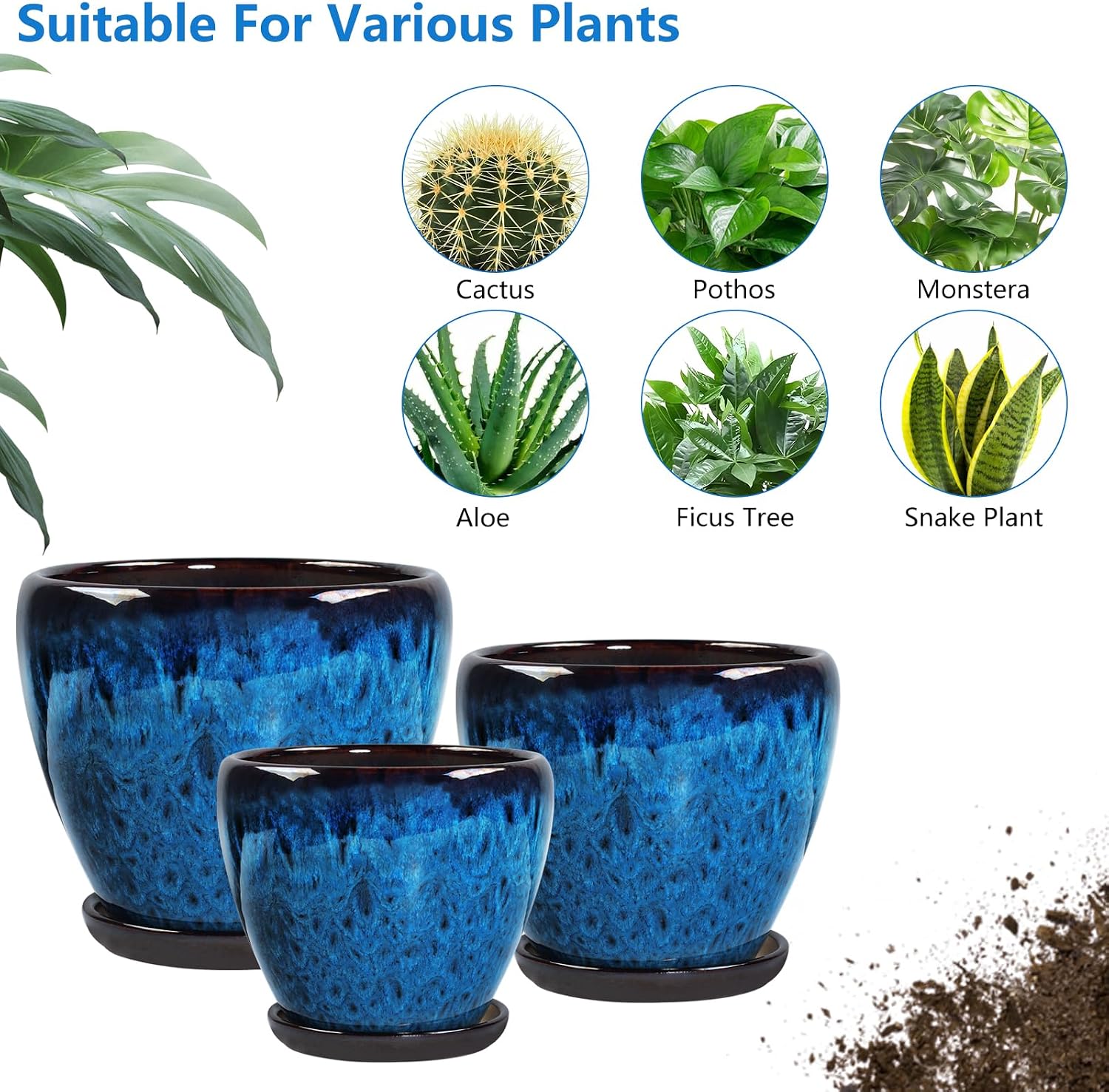 Ceramic Plant Pots With Saucer & Drainage Hole, 10 inch Indoor Flower Pots | Glaze Planters For Indoor Plant
