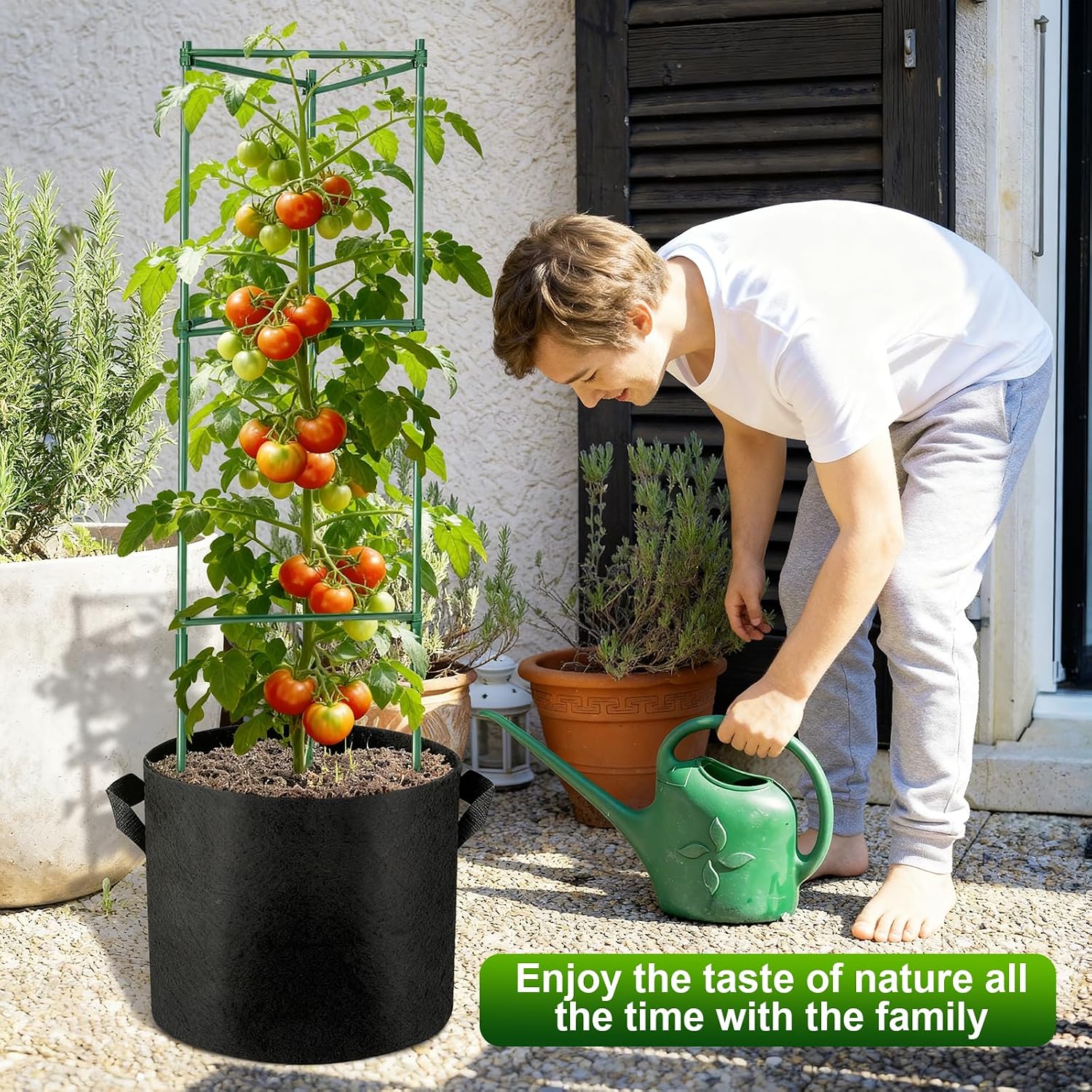 4 Pack 48 Inch Tomato Cages with 10 Gallon Grow Bags for Plant Support | Garden Trellis and Grow Bag Set for Tomatoes