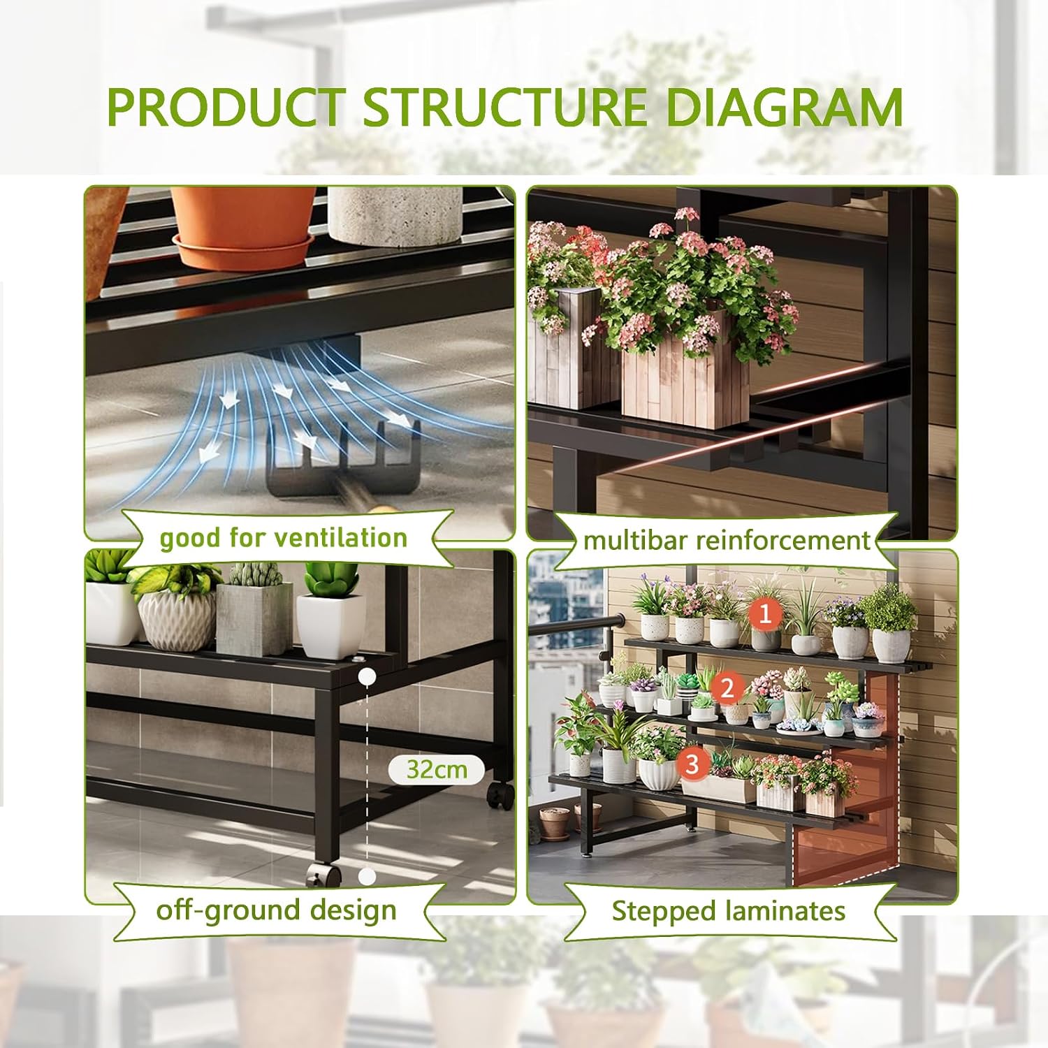 4 Tier with Hanging Tall Plant pot shelf, with Rollers (BLACK, 39IN) | L39*W24.4*H67in Large Metal Plant Stand, Heavy