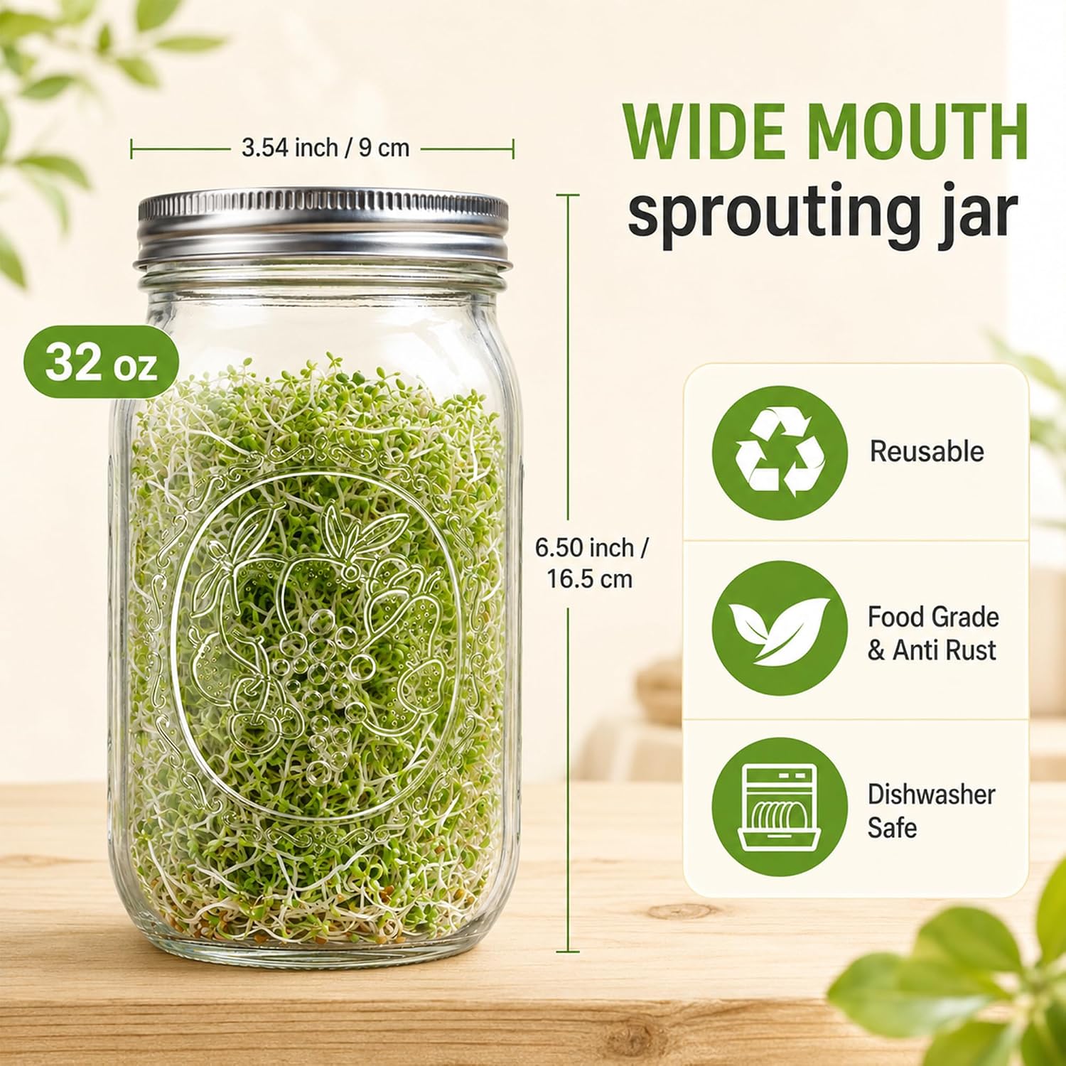 Sprouting Jar Kit,2pcs 1000ml Wide-Mouth Mason Jars with 316 Stainless Steel Sprouting Lids