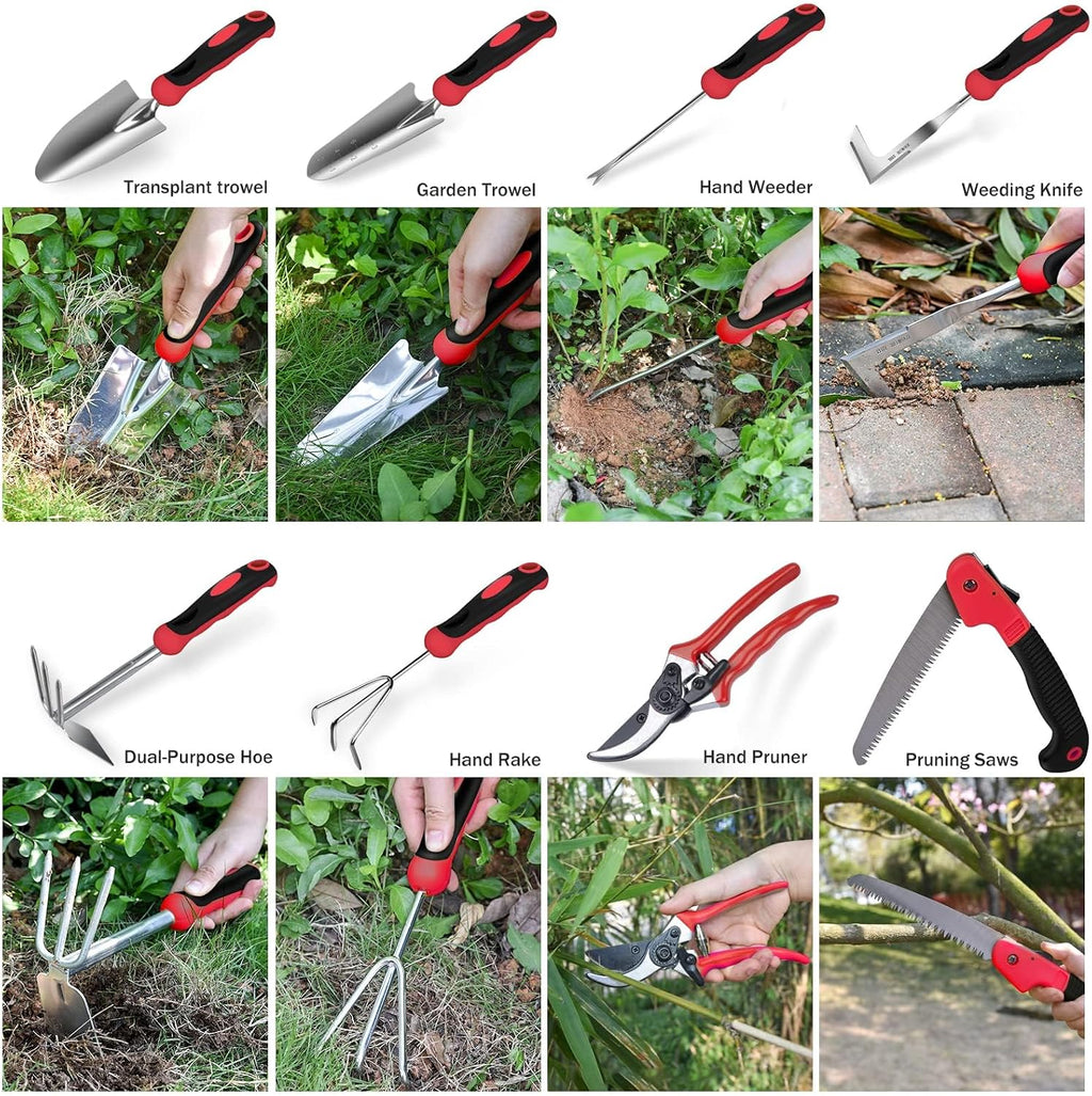 Red Gardening Tools, WisaKey 9 Piece Stainless Steel Heavy Duty Garden Tools with Non-Slip Ergonomic Handle, Garden