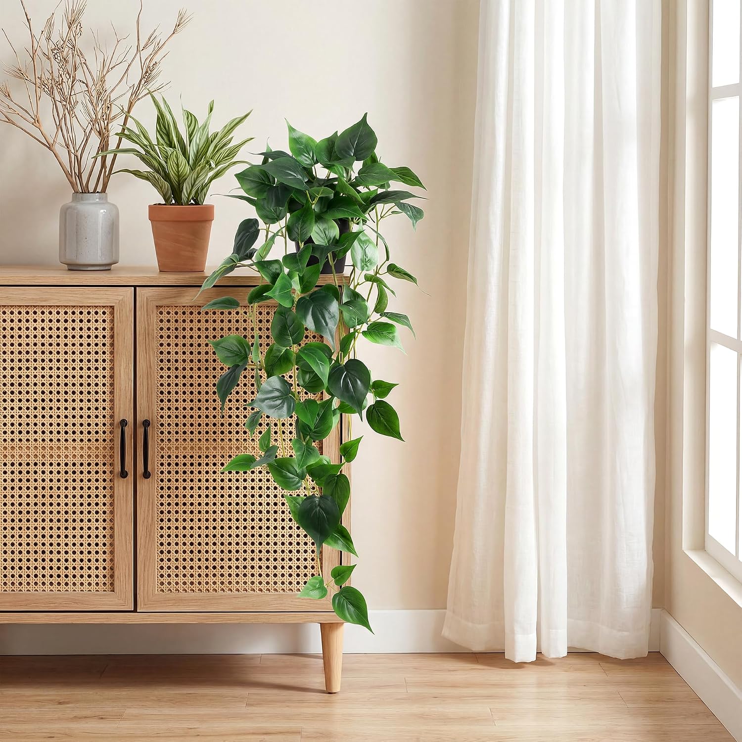 Fake Hanging Plants with Pots - Realistic Artificial Plant for Indoor Outdoor, 33In Silk Fake Potted Plants, 2PC Faux