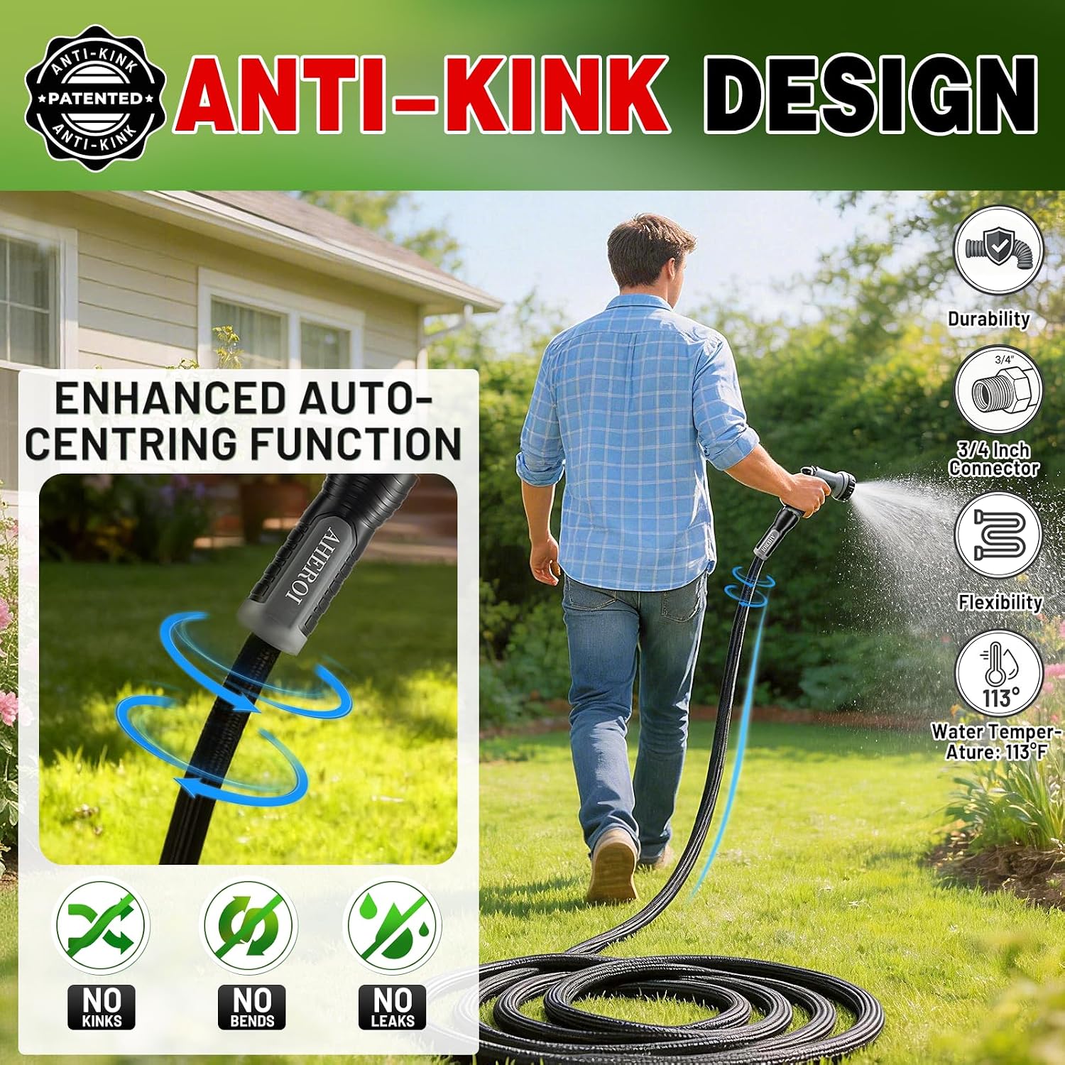Aheroi Garden Hose 50FT, Kink-Free Flexible Waterhose for Outside(25+25ft) | Patented Garden Hose with 10 Spray