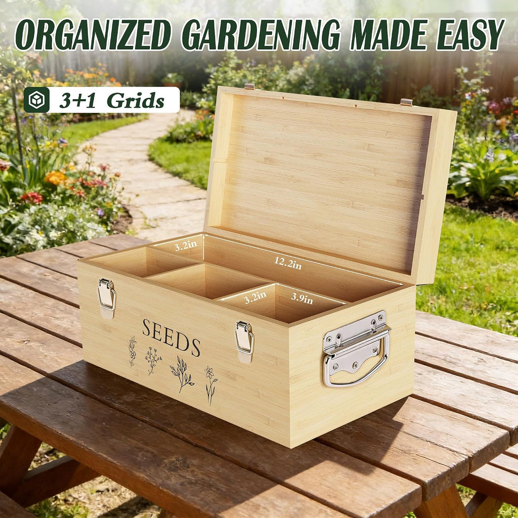 Bamboo Seed Storage Organizer, Large Garden Seed Organizer with Lid & Safety Lock & Handles, Seed Box Includes Seed