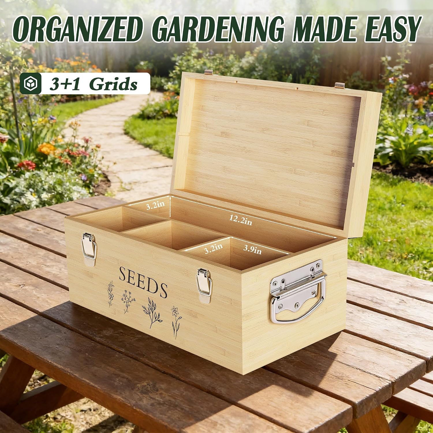 Bamboo Seed Storage Organizer, Large Garden Seed Organizer with Lid & Safety Lock & Handles, Seed Box Includes Seed