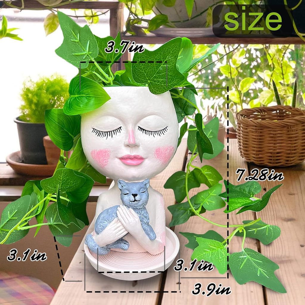 Head Planter with Drainage Hole, Resin Art Vase, Cute Lady Hugging Cat Succulent Flower Pots, Unique for Indoor Outdoor