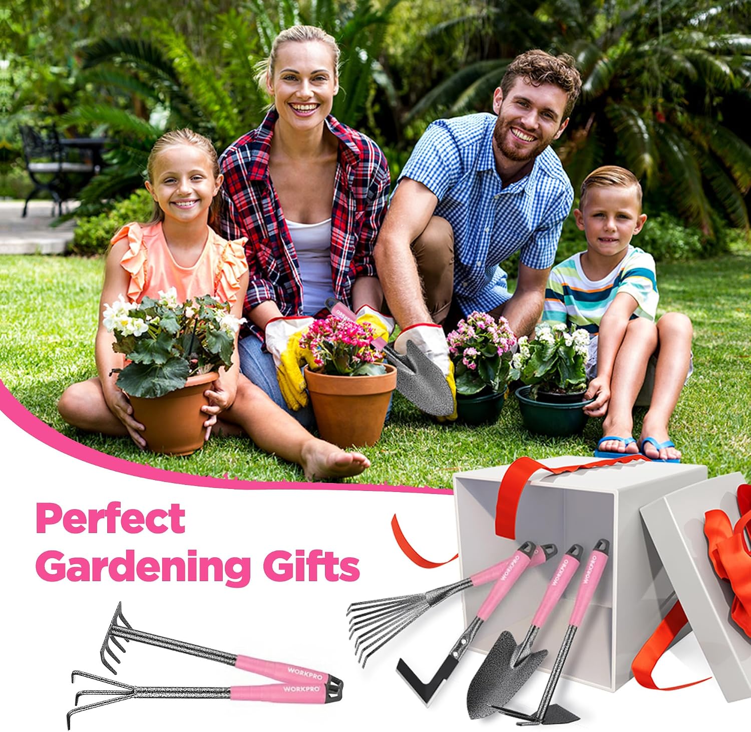 WORKPRO 6-Piece Pink Garden Tool Set | Heavy Duty Gardening Hand Tools with Soft Rubber Handle, Including Trowel