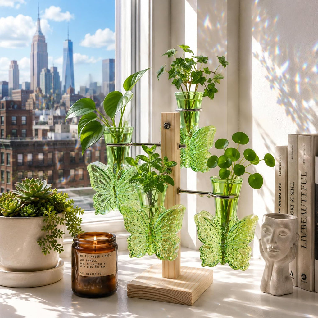 Plant Terrarium Propagation Stations: Green Vase with Wooden Stand | Irised Crystal Clear Glass, Butterfly Shaped, Home