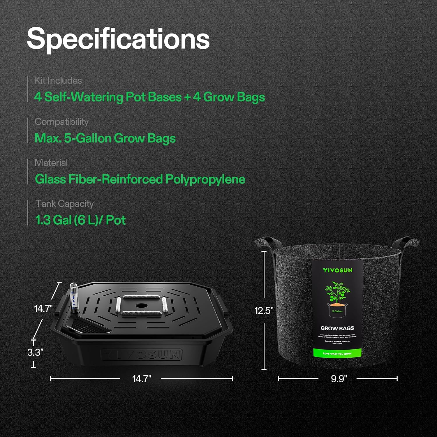 VIVOSUN 4-Pack FlexFeed Self-Watering Pots with Grow Bags, Auto Irrigation | Water Meter & Maintenance Window, for Use