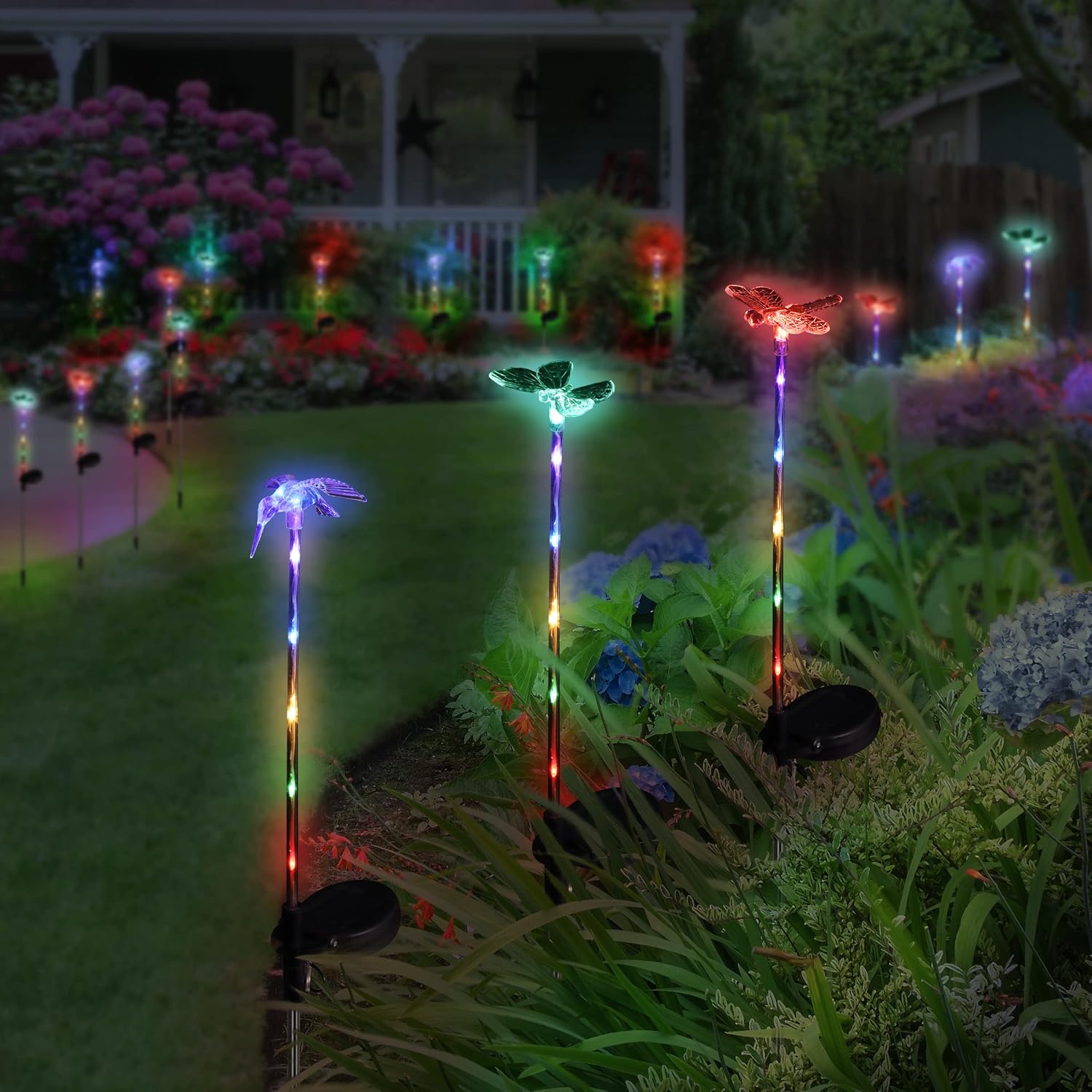 Exhart 3 Solar Acrylic Garden Stakes, Color-Changing Tops, LED Lined Stakes, 1/ea 3pc, 3.5"x 3"25.5"
