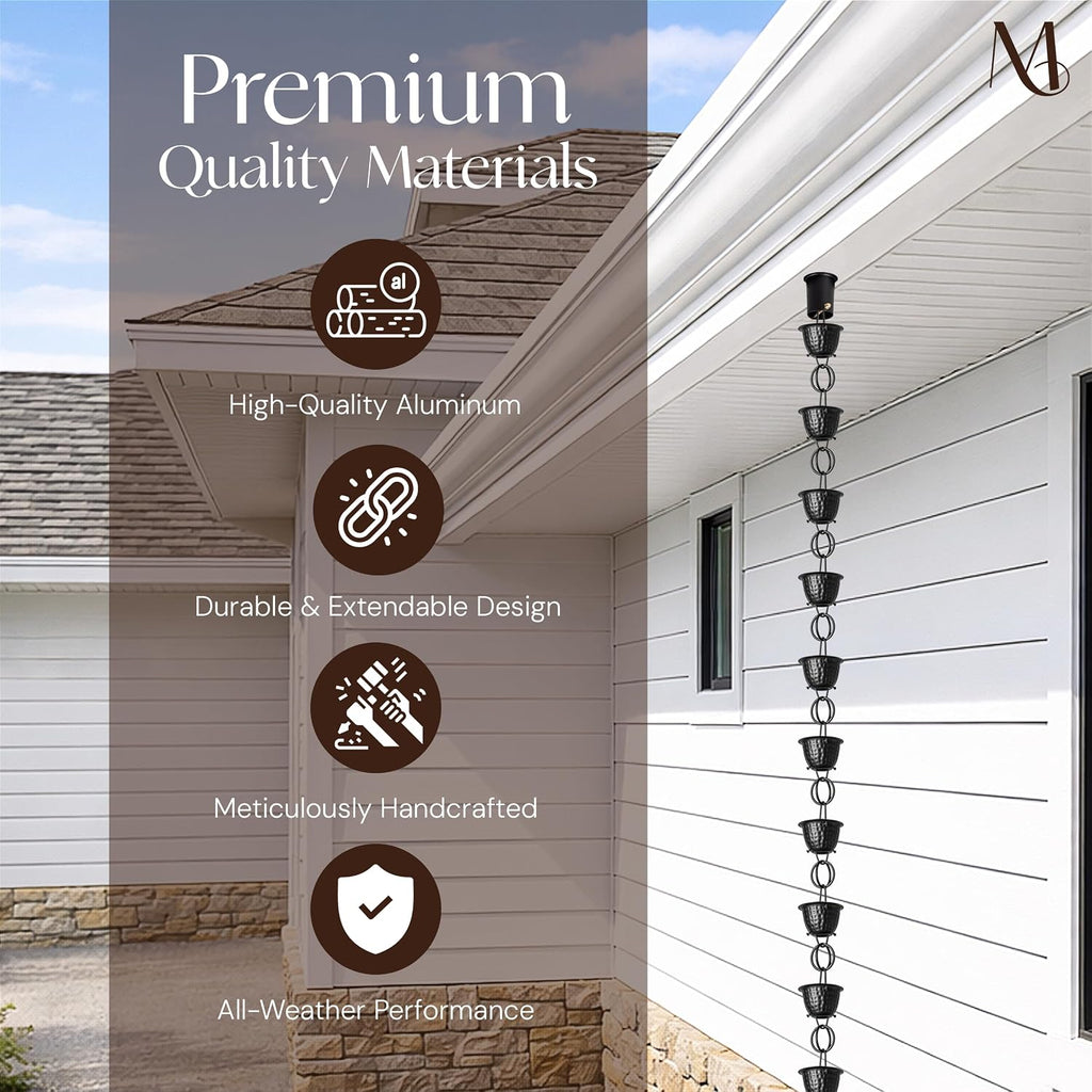 Monarch Rain Chains for Gutters Aluminum – 8.5 ft Hammered Black Rain Chain for Outside, Decorative Heavy Duty Gutter