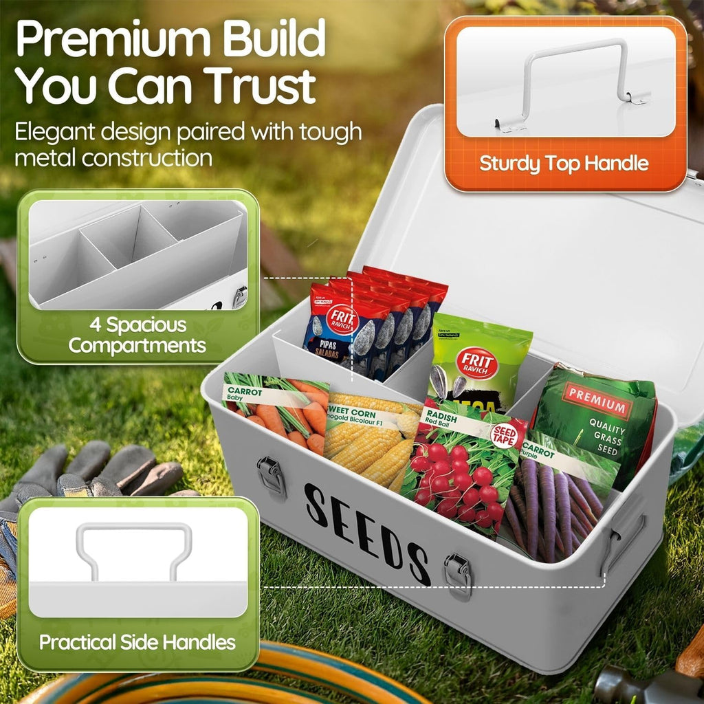Flexzion Metal Seed Storage Organizer Box, 4 Compartments, 12 Inch, White | Seed Packet Organizer with Hinged Lid, Dual