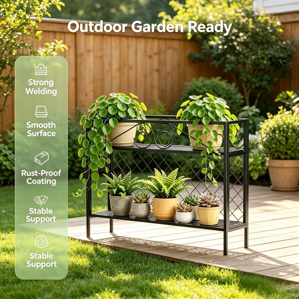 Zhongma 2 Tier Metal Sturdy Narrow Plant Stand, 47.24L x 12.6 W x 35.43 H inch, Indoor and Outdoor Heavy Duty Metal