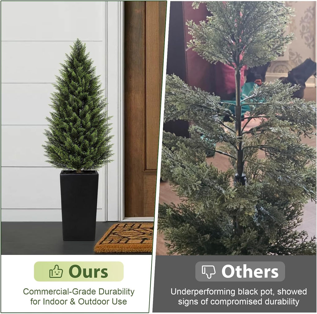 VIVATREES 4FT Artificial Cedar Topiary Trees 2 Pack, Realistic Faux Cypress Trees with Square Black Planter Pot, UV