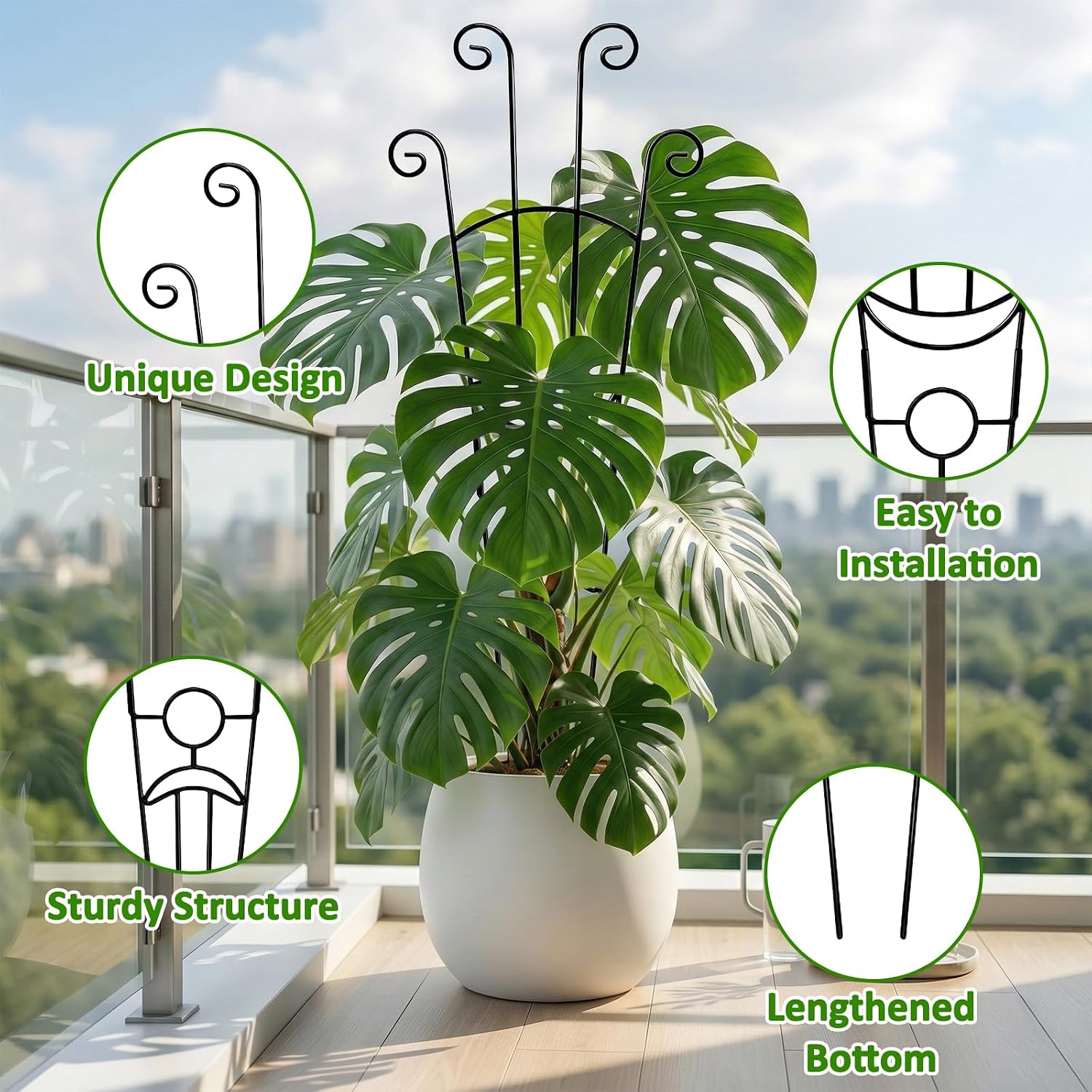 Monstera Plant Support - 4-Pack of 32.6" Tall Plant Trellis Stakes for Large Indoor Vines | Adjustable Dual Pole Frame