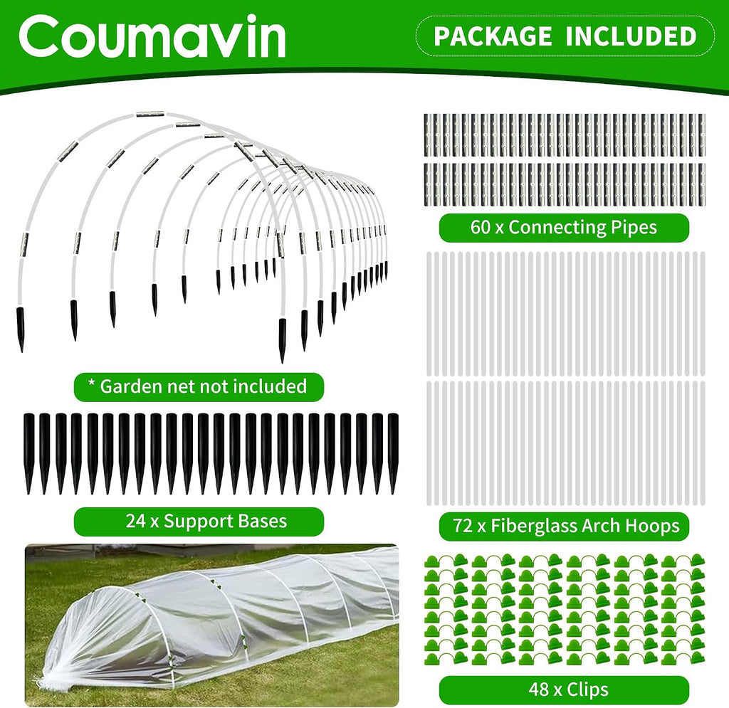 8FT Rust-Free Fiberglass Garden Hoops -72 PCS DIY Grow Tunnel Kit for Raised Beds, Row Cover Support with