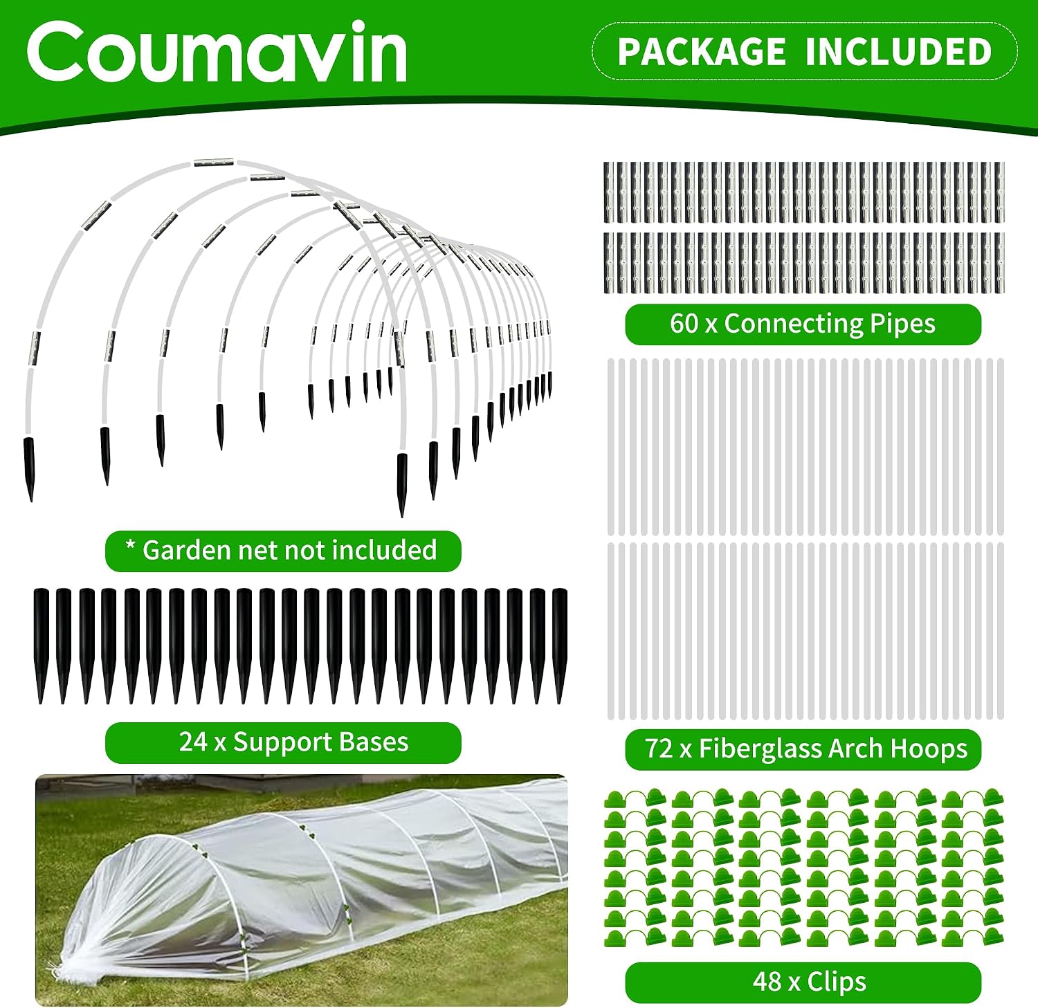 8FT Rust-Free Fiberglass Garden Hoops -72 PCS DIY Grow Tunnel Kit for Raised Beds, Row Cover Support with