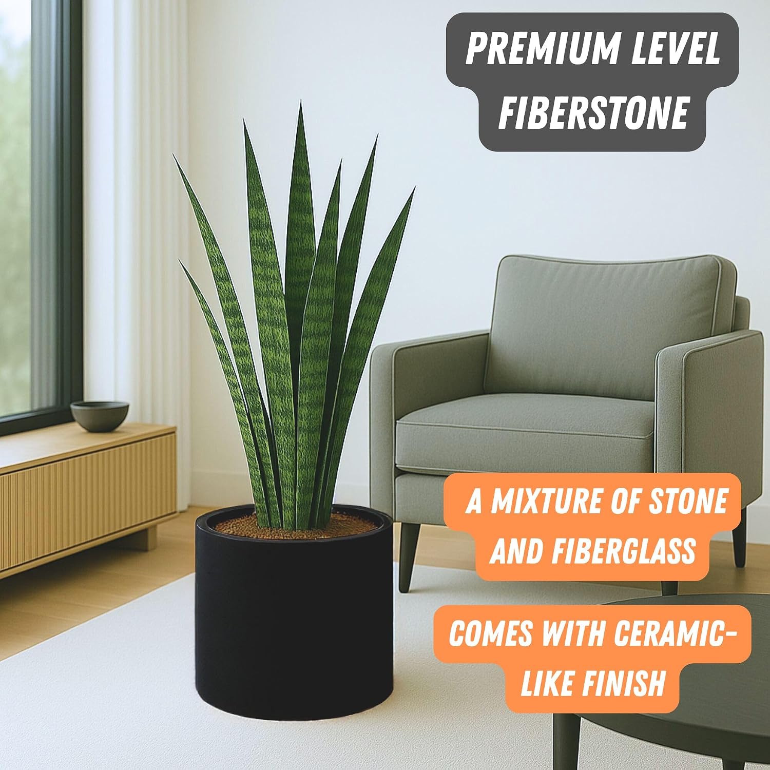 Fox & Fern Large Planter for Indoor or Outdoor, Matte Black, 14.6 Inch | UV & Frost Resistant, 70% Lighter than